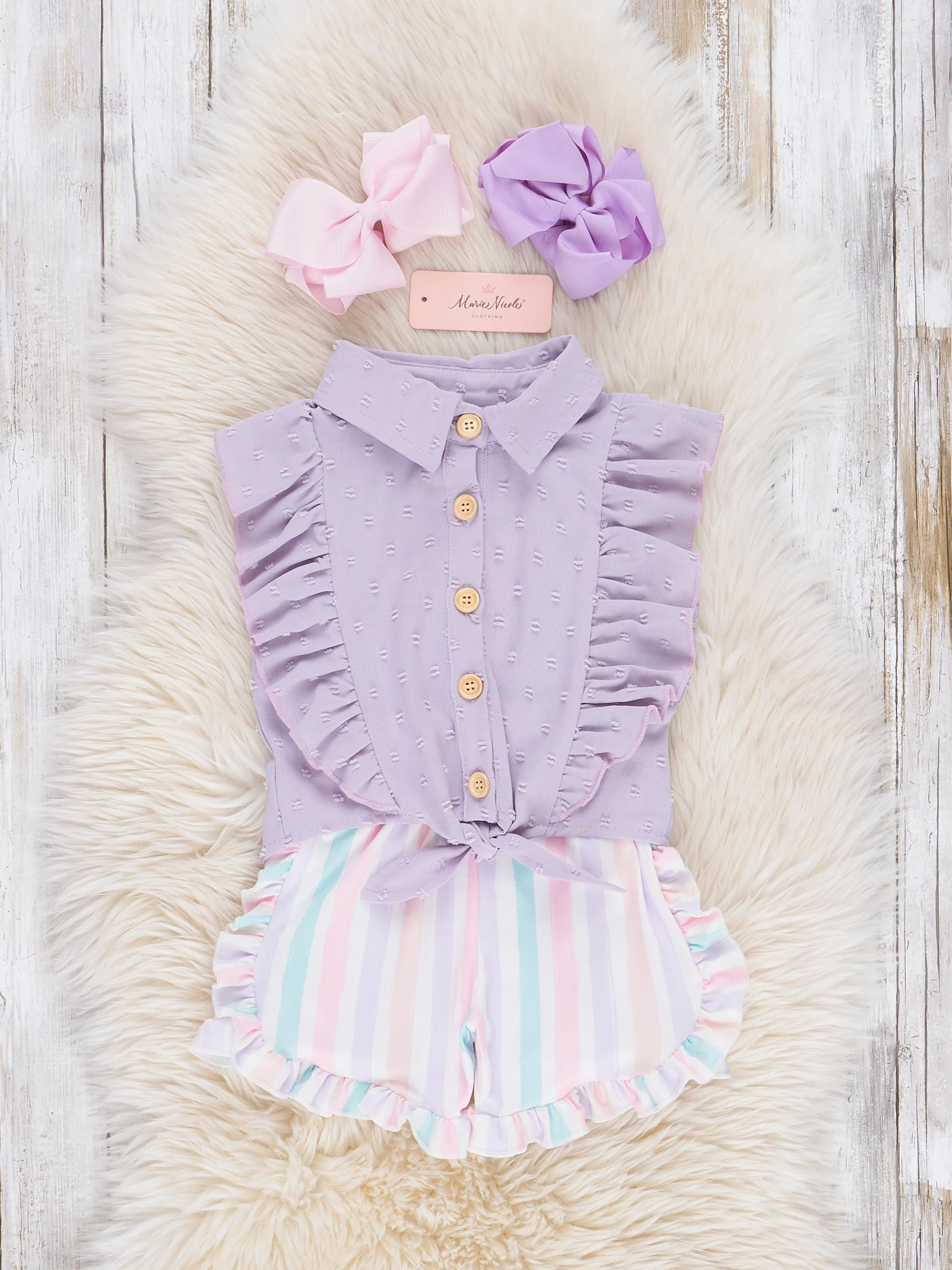Striped Sleeveless Button Up Ruffle Outfit - Lilac - Image 2