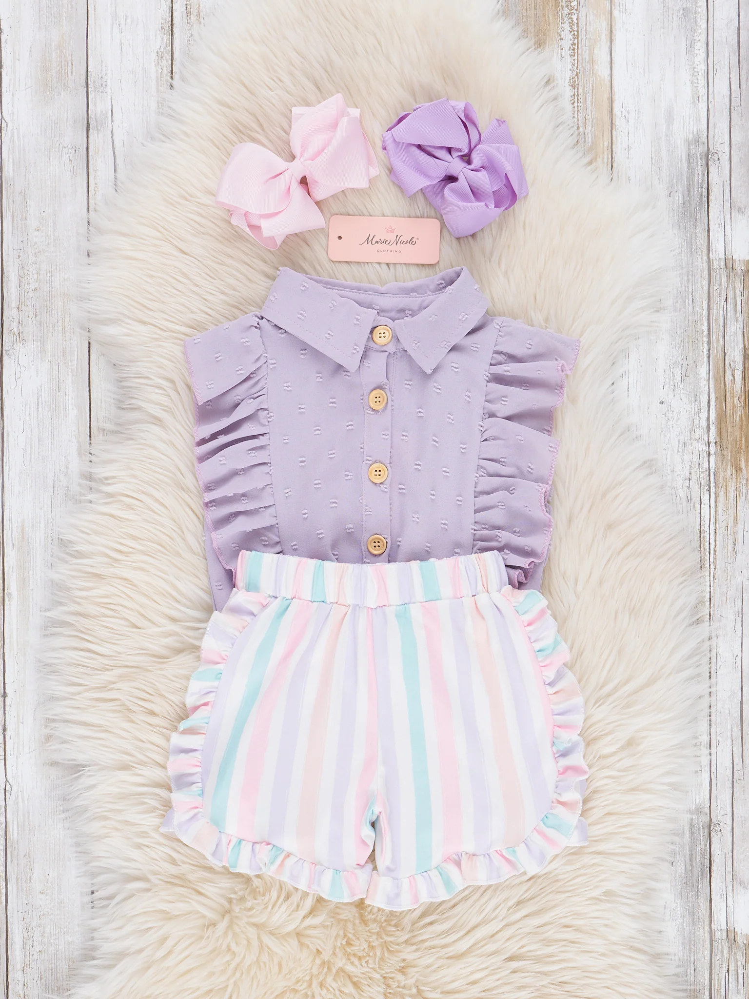Striped Sleeveless Button Up Ruffle Outfit - Lilac - Image 3