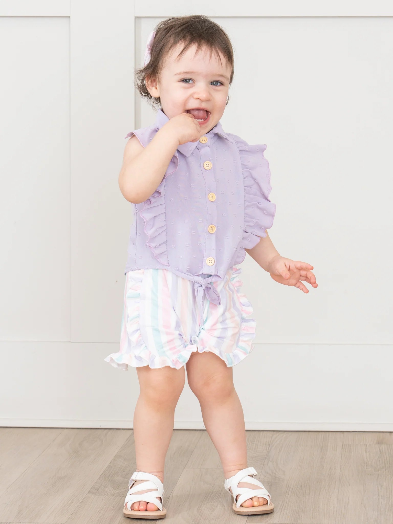 Striped Sleeveless Button Up Ruffle Outfit - Lilac - Image 4
