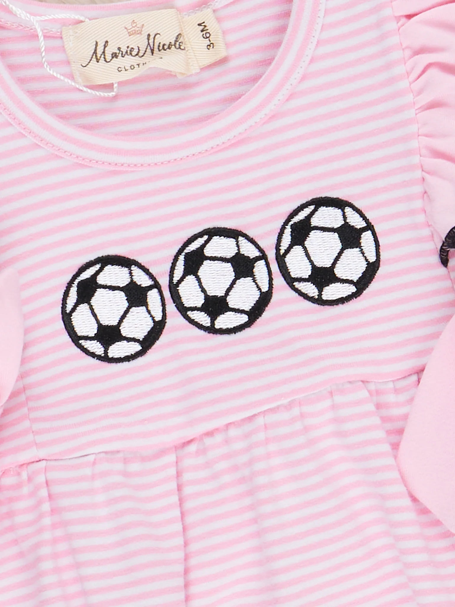 Striped Soccer Time Embroidered Ruffle Bubble Romper - Image 2
