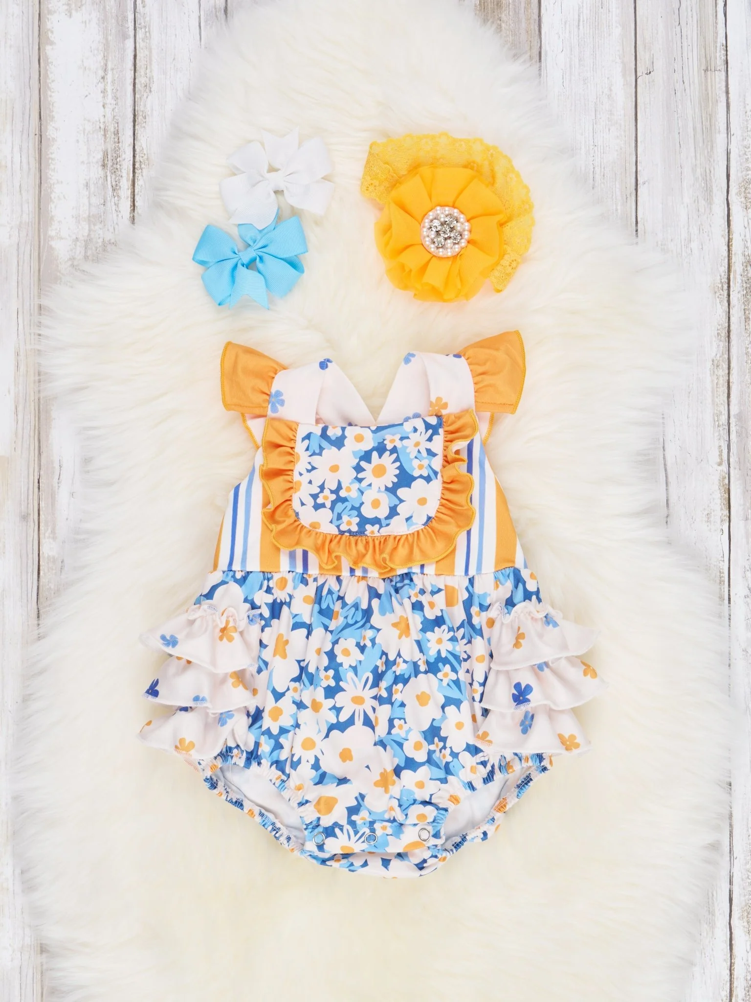 Stripes & Daisies Ruffle Bubble Romper