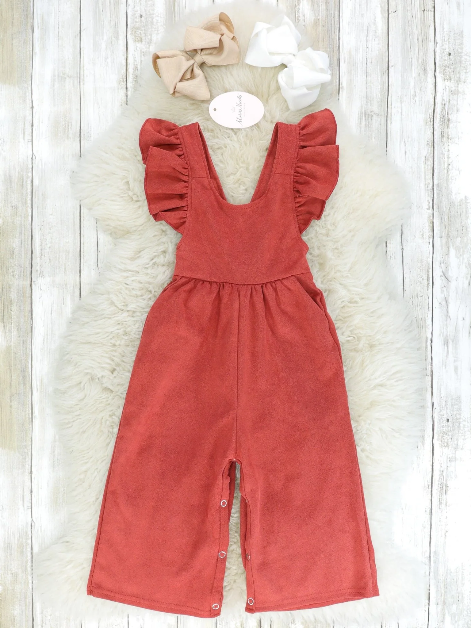 Suede Ruffle Cross Back Button Romper - Multiple Colors - Image 14