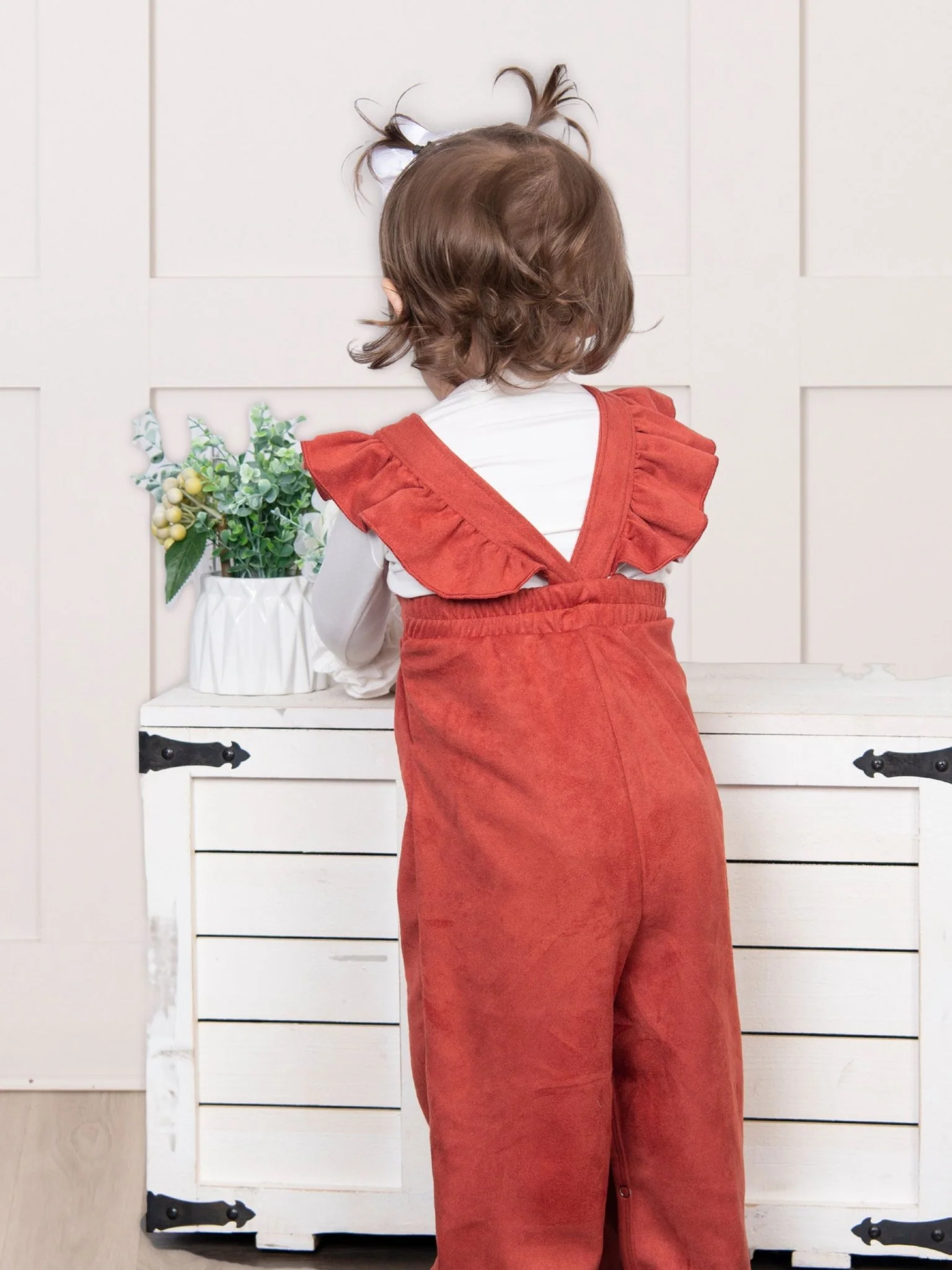 Suede Ruffle Cross Back Button Romper - Multiple Colors - Image 3
