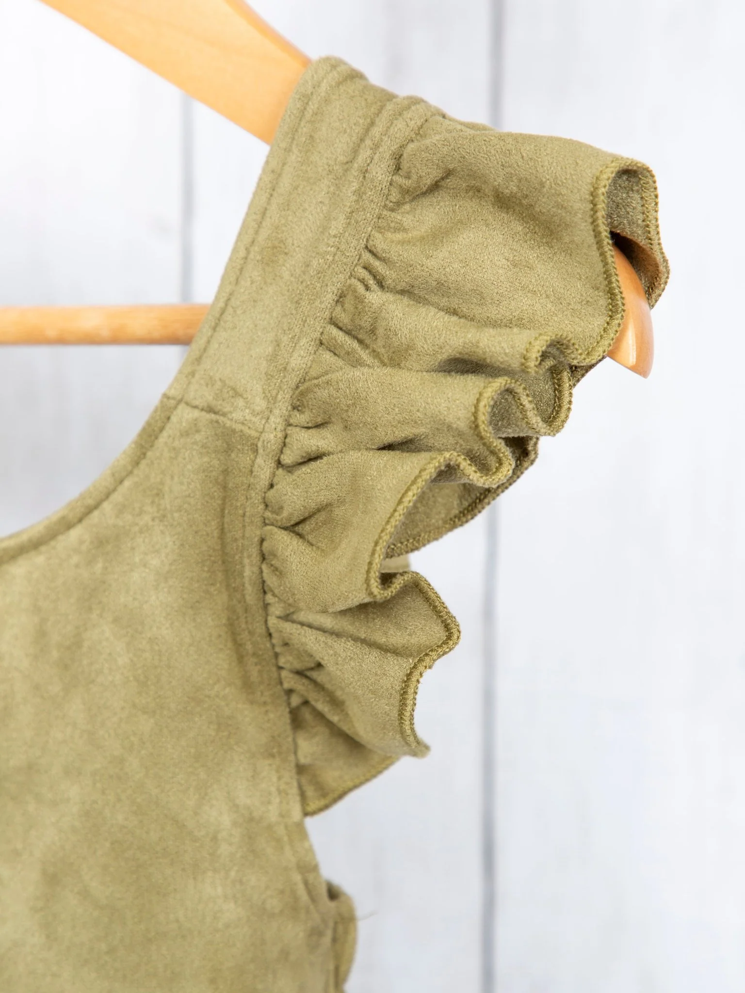 Suede Ruffle Cross Back Button Romper - Multiple Colors - Image 9