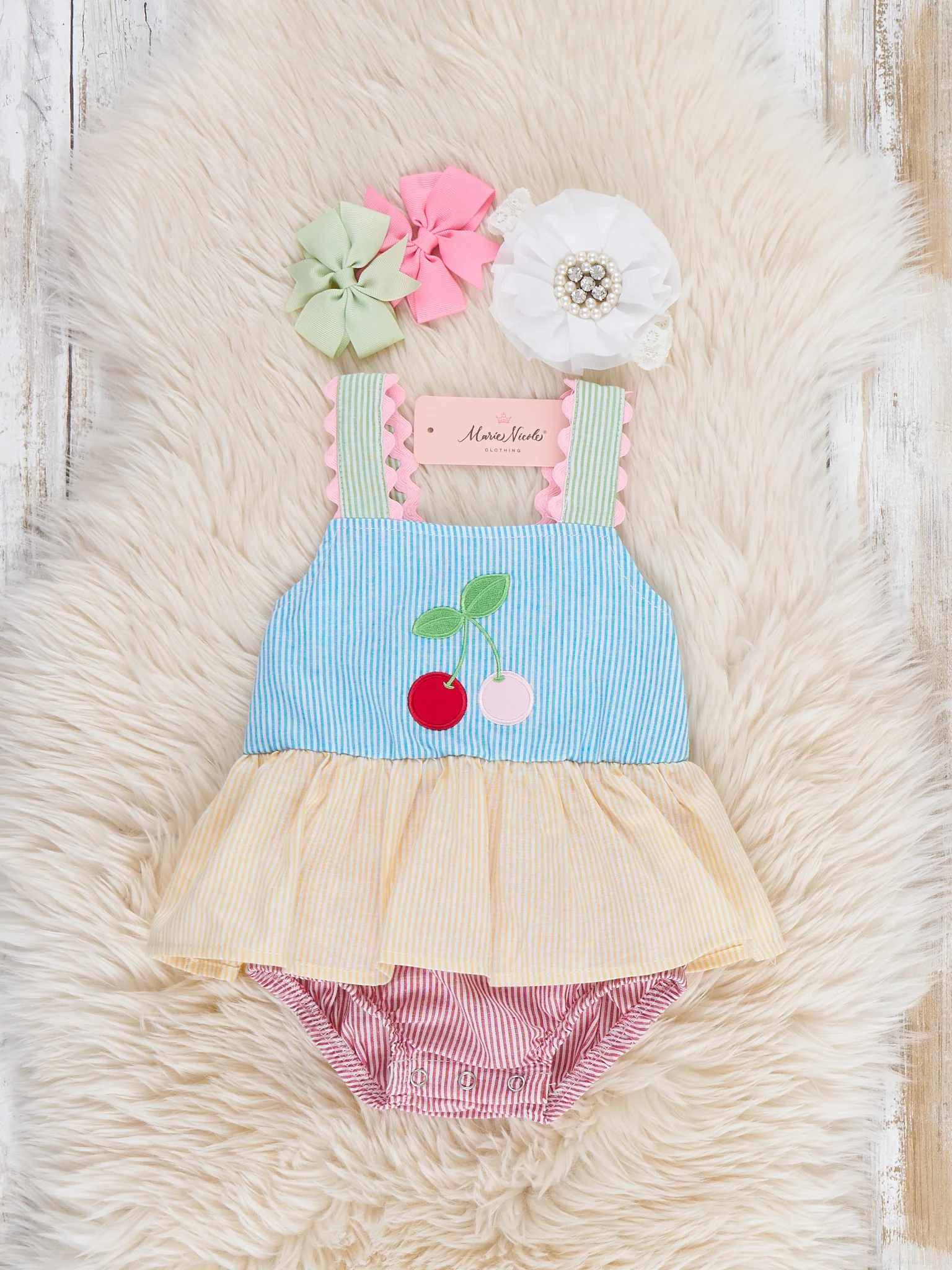 Summer Cherry Fun Embroidered 100% Cotton Ruffle Bubble Romper