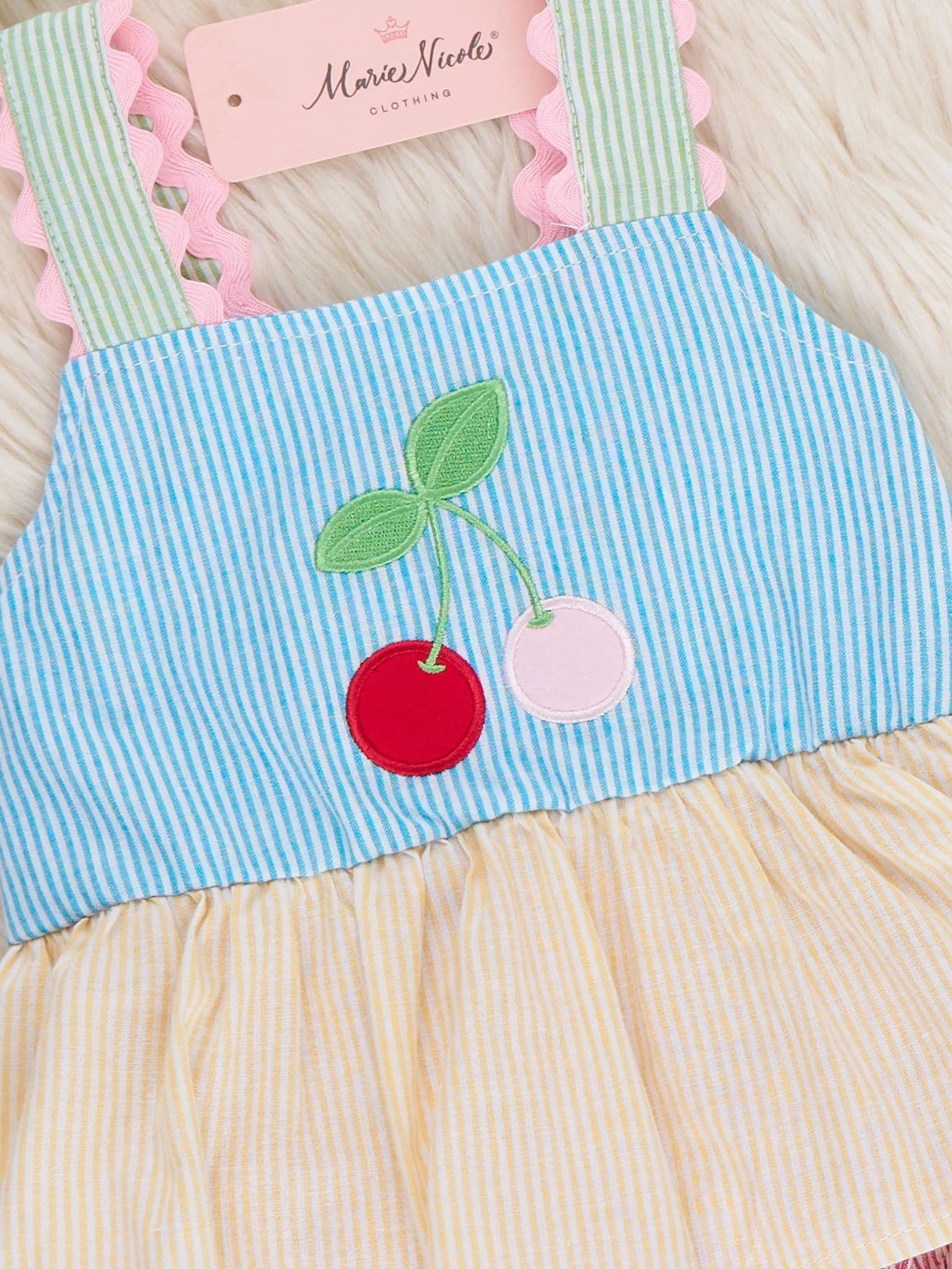Summer Cherry Fun Embroidered 100% Cotton Ruffle Bubble Romper - Image 2