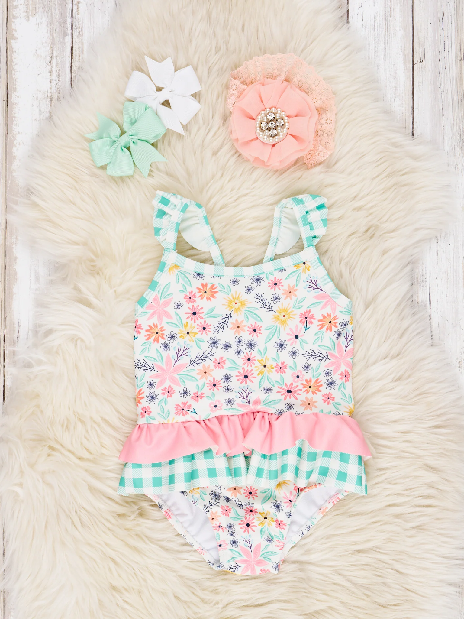 Summer Gingham Floral Ruffle One-Piece Swimsuit