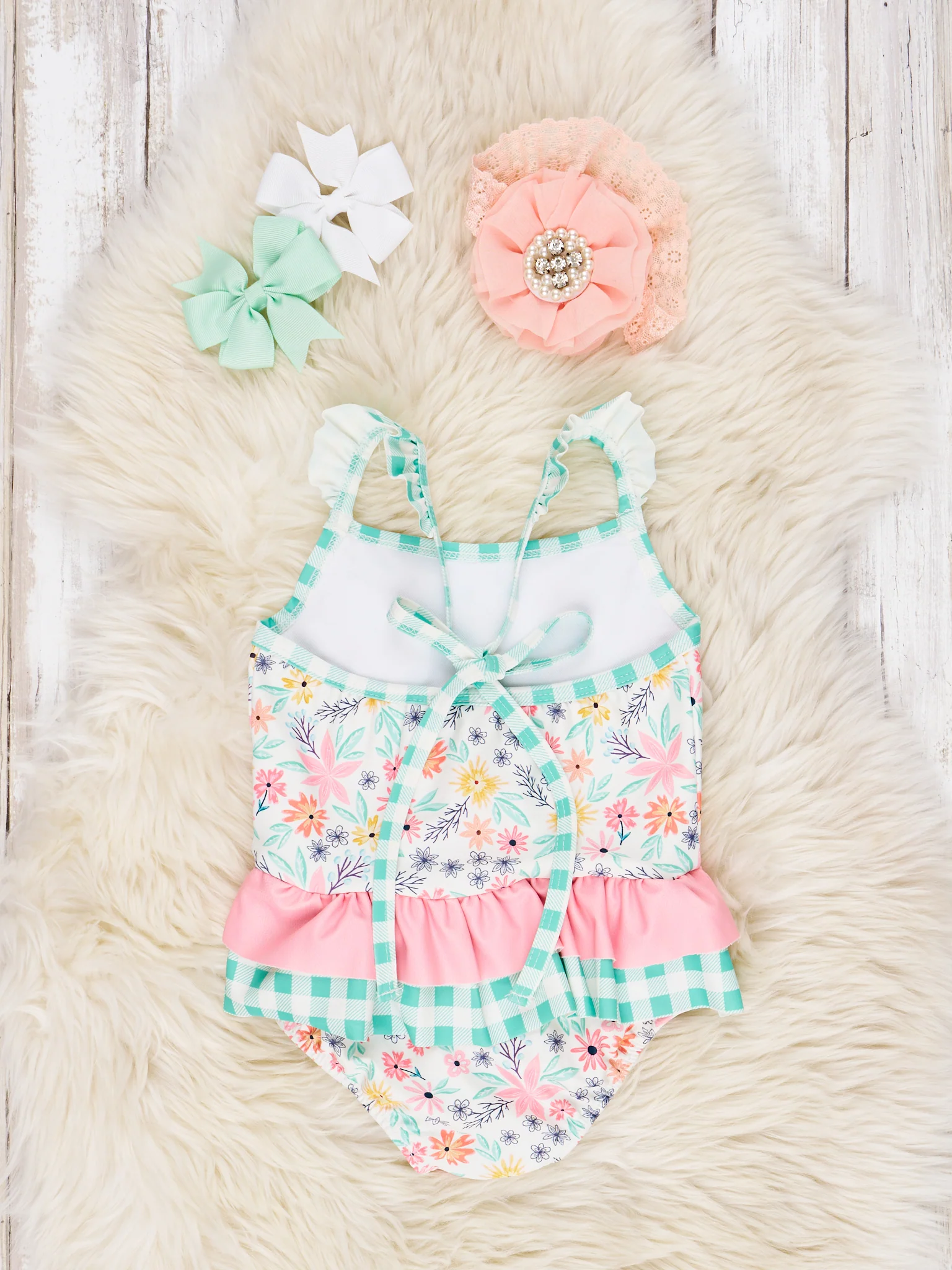 Summer Gingham Floral Ruffle One-Piece Swimsuit - Image 2