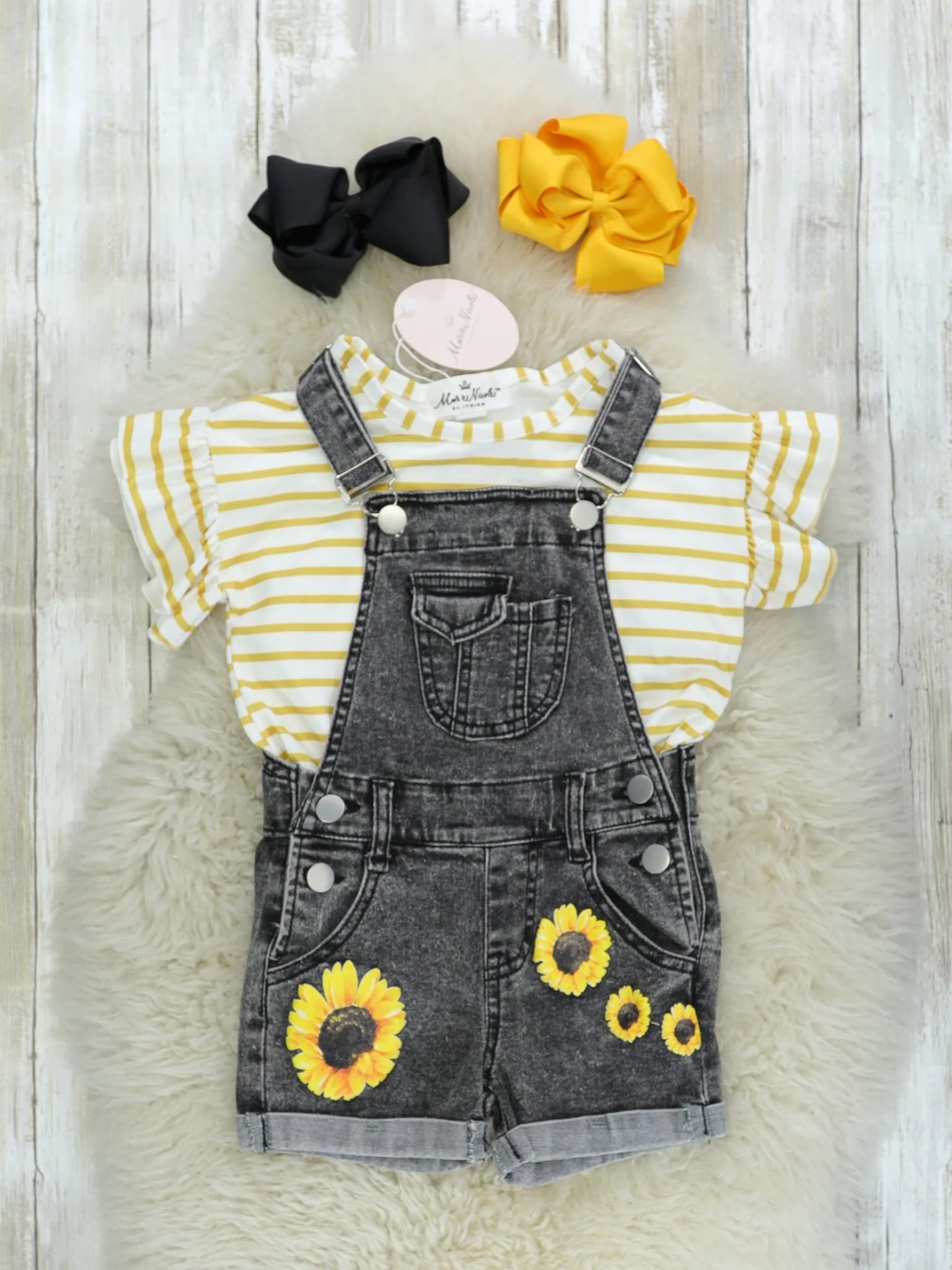 Sunflower Denim Overalls & Striped Top Set