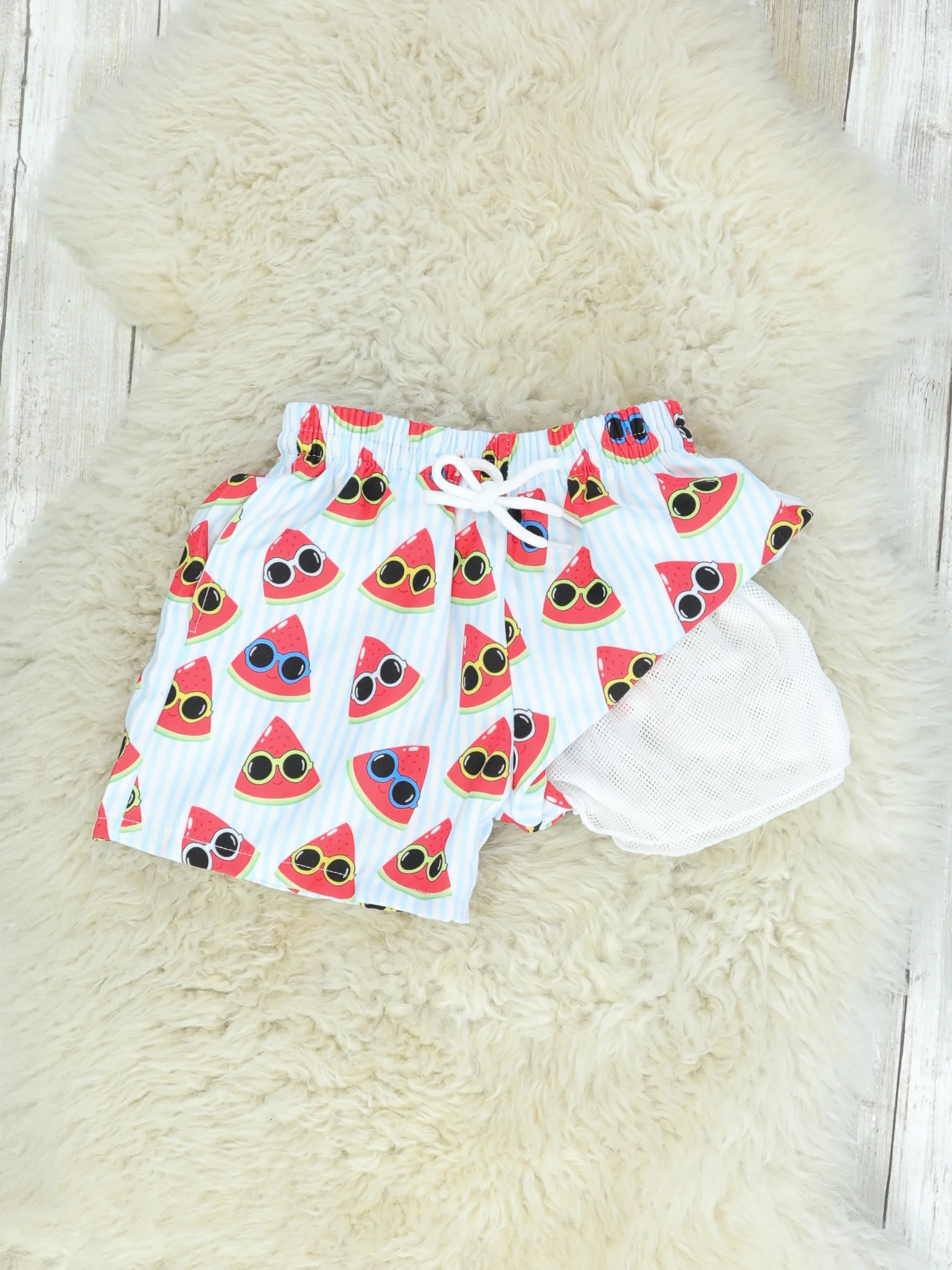 Sunny Watermelon Pinstriped Swim Trunks - Image 2