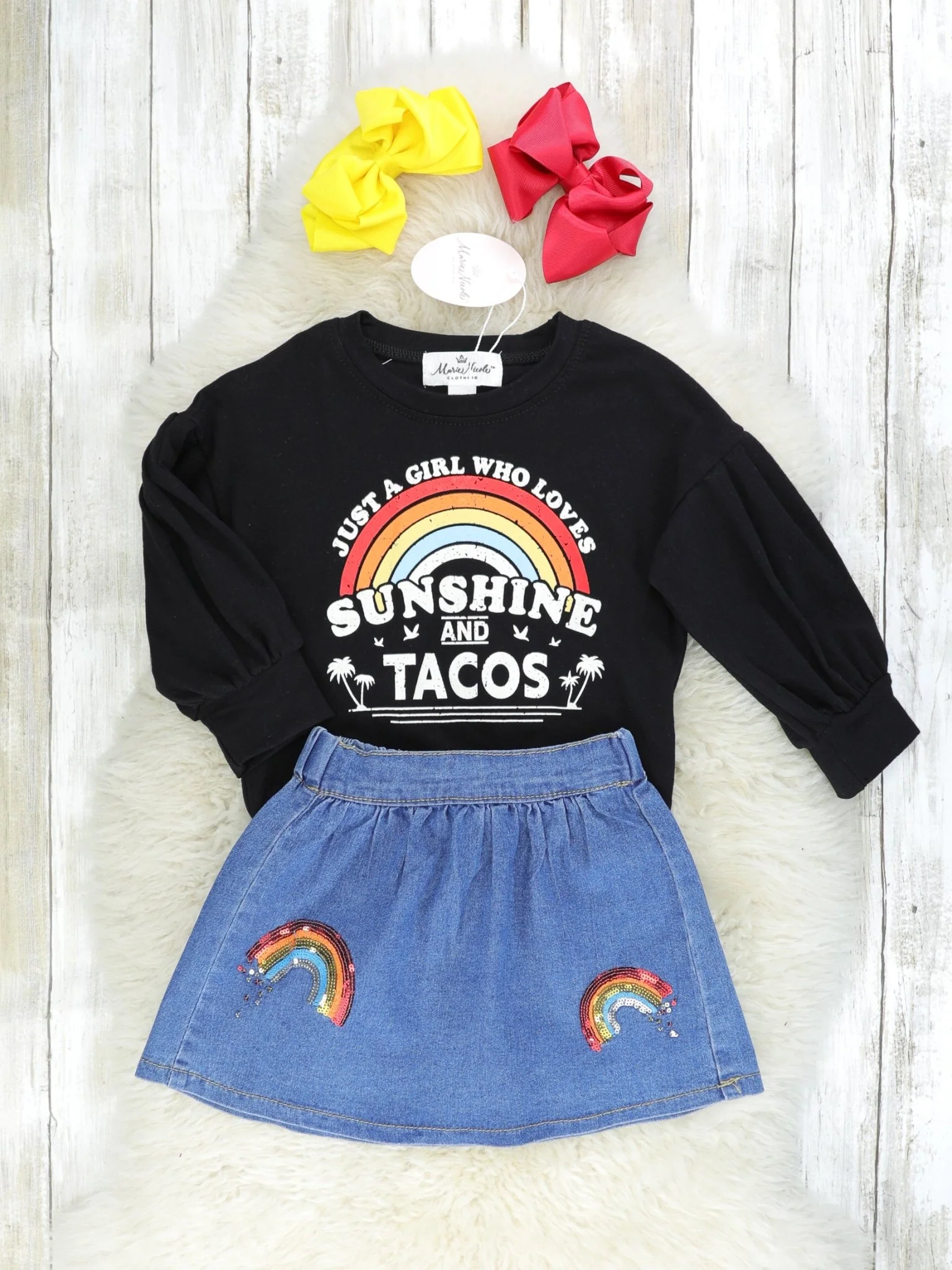 "Sunshine & Tacos" Top & Denim Rainbow Skirt Outfit - Image 2
