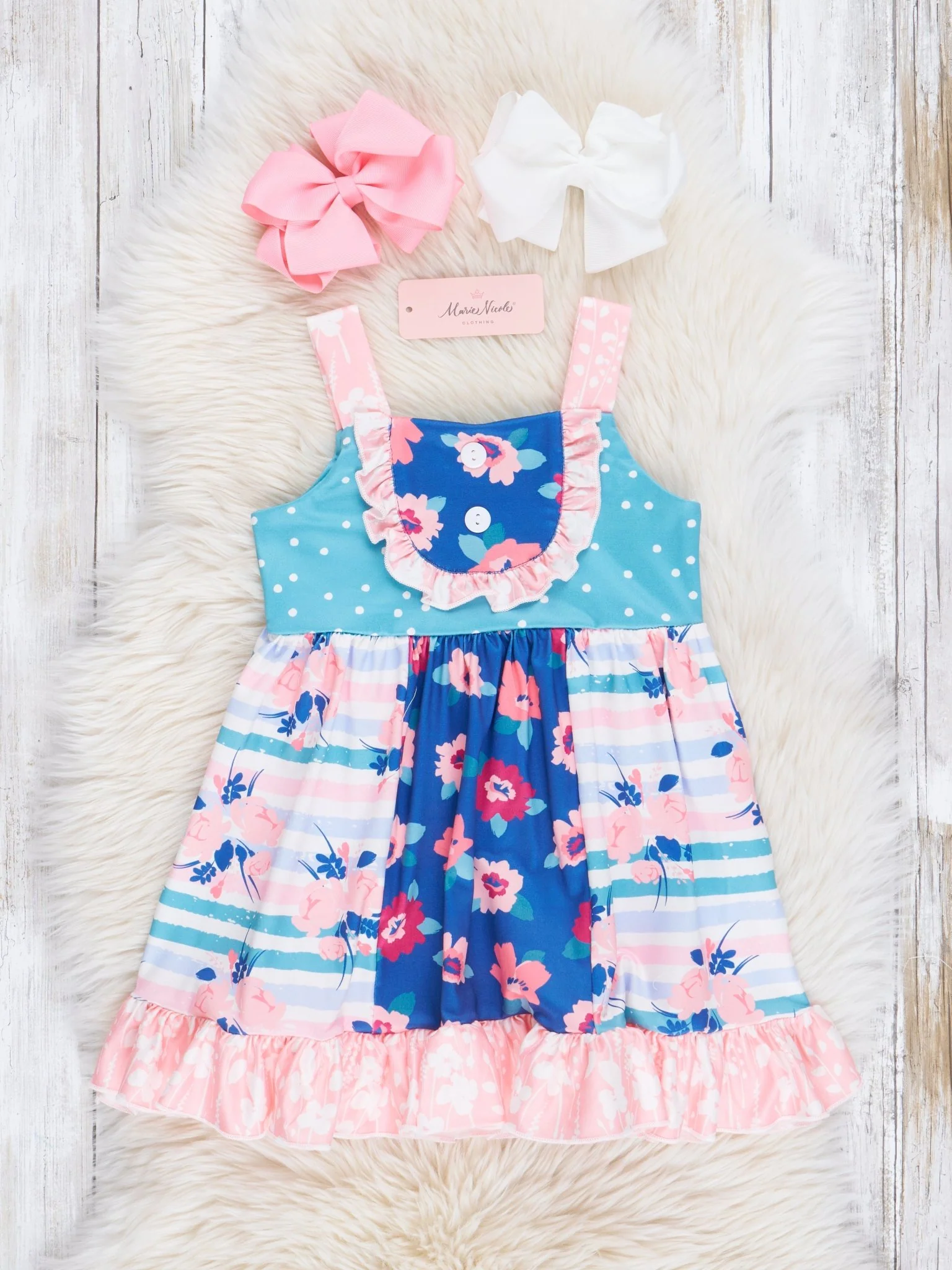 Sweet Blue Dots & Florals Ruffle Dress