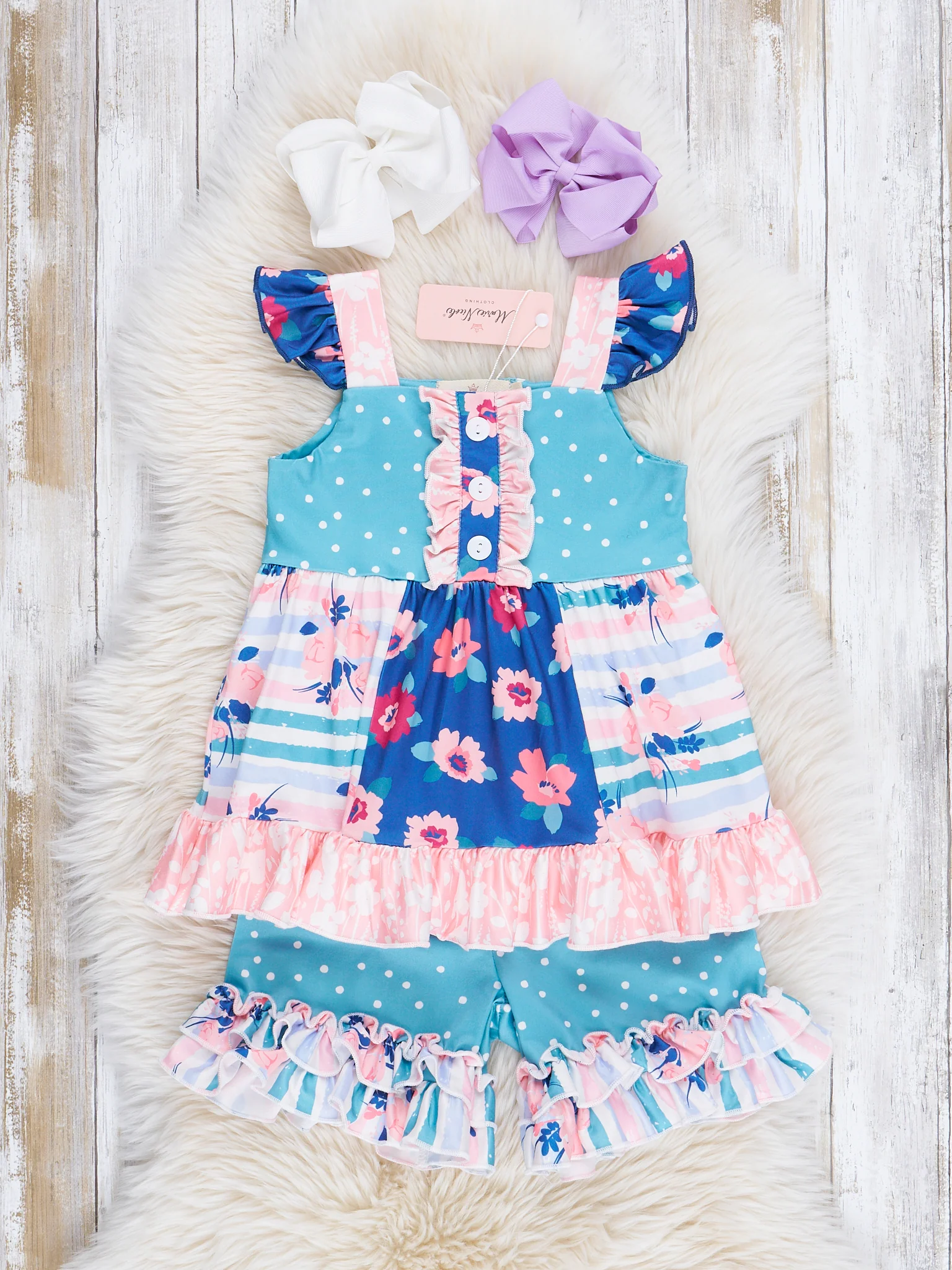 Sweet Blue Dots & Florals Ruffle Outfit