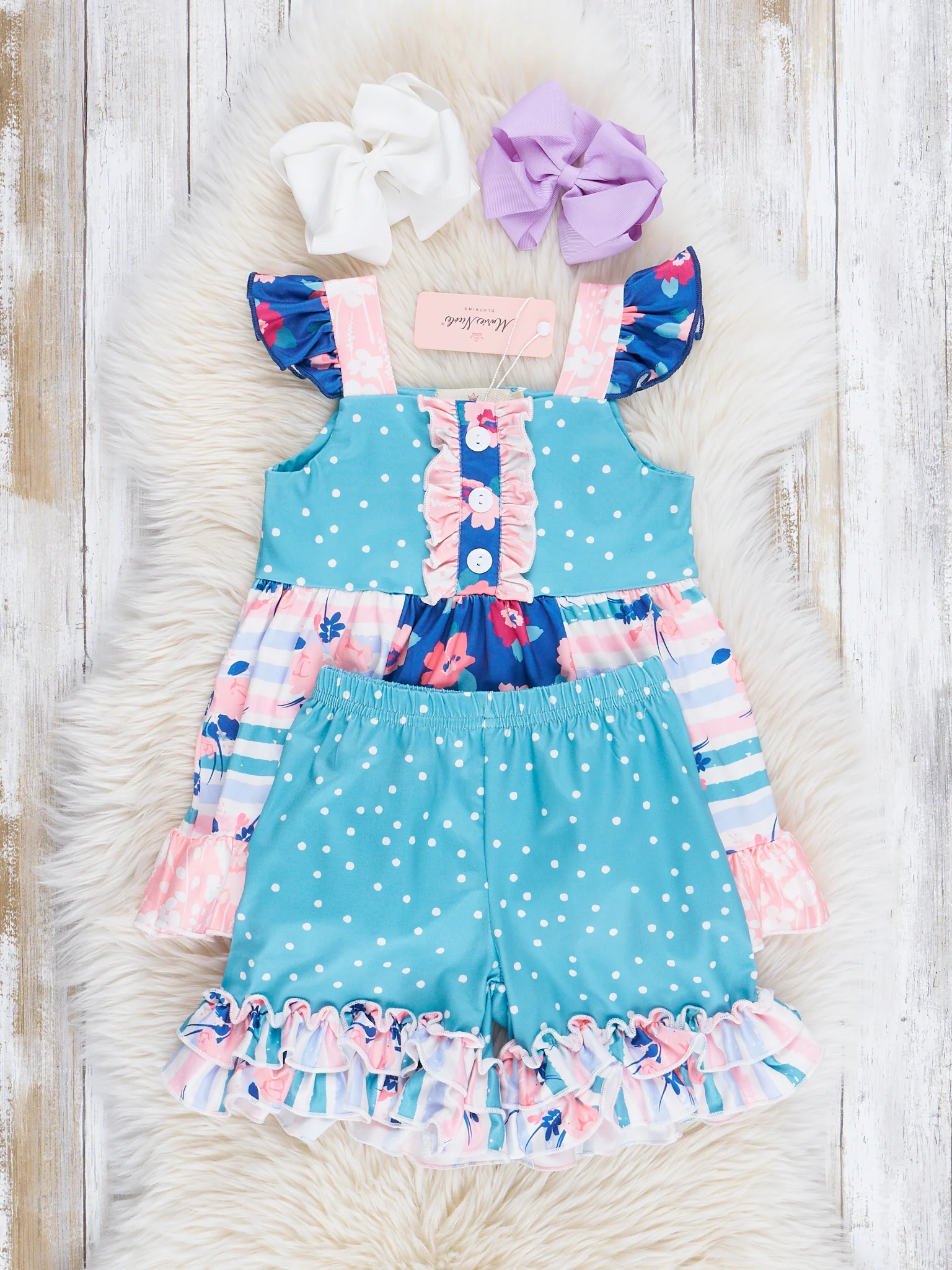 Sweet Blue Dots & Florals Ruffle Outfit - Image 2