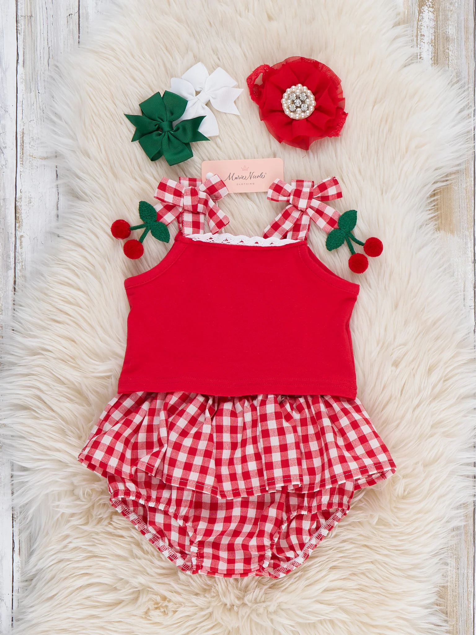Sweet Cherry Check Cotton Ruffle Bloomers Outfit