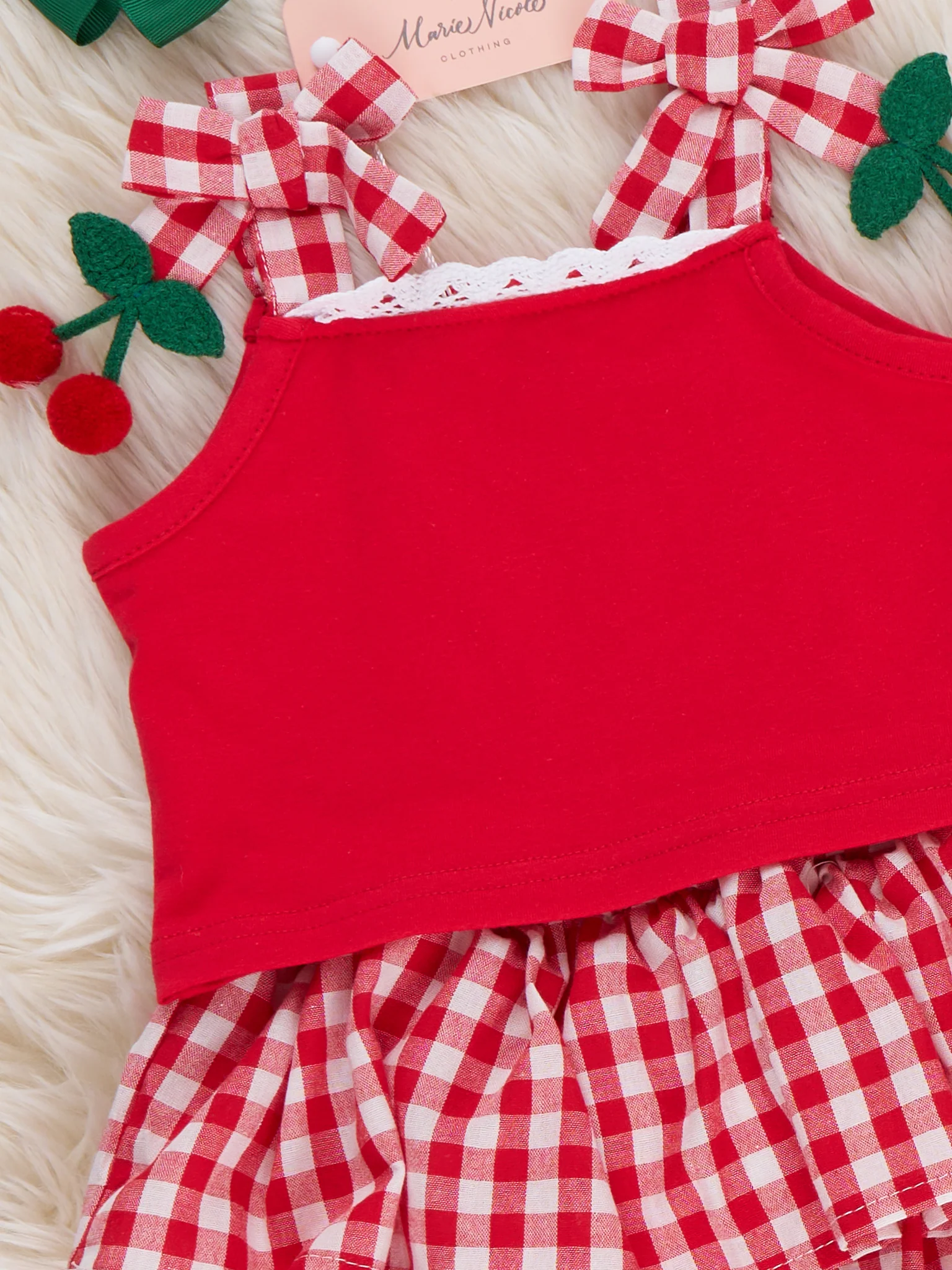 Sweet Cherry Check Cotton Ruffle Bloomers Outfit - Image 2