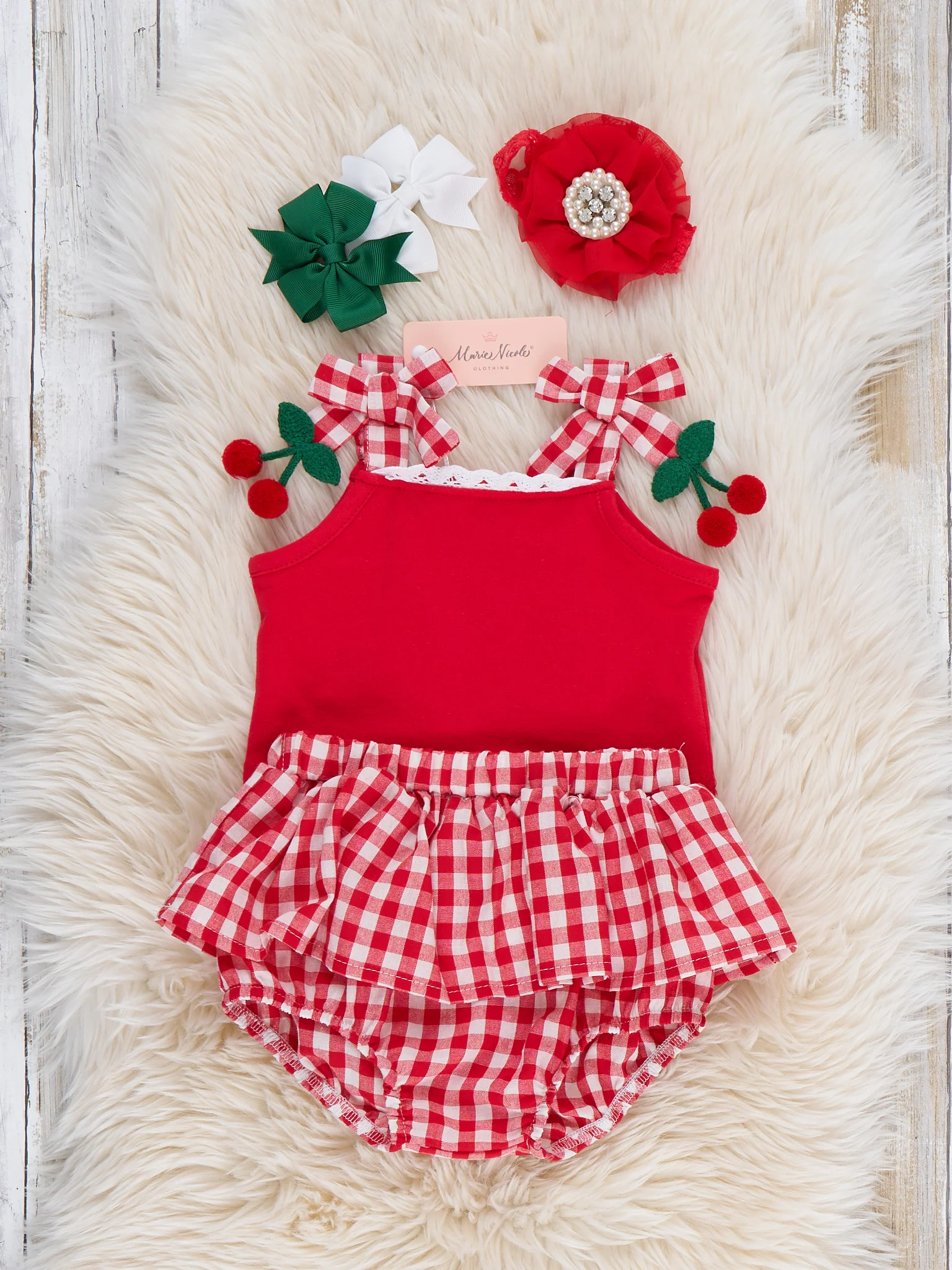 Sweet Cherry Check Cotton Ruffle Bloomers Outfit - Image 3