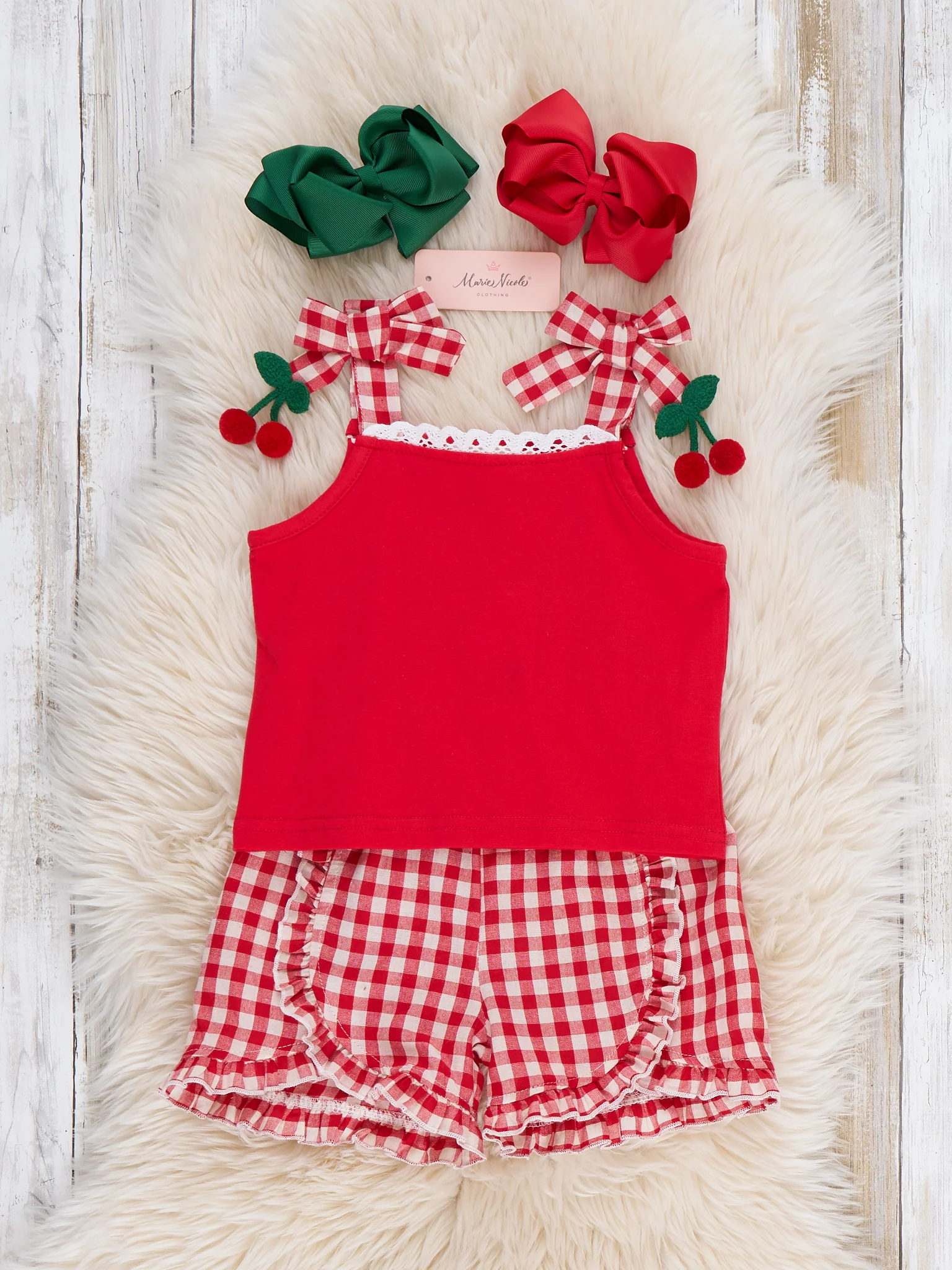 Sweet Cherry Check Cotton Ruffle Outfit - Image 2