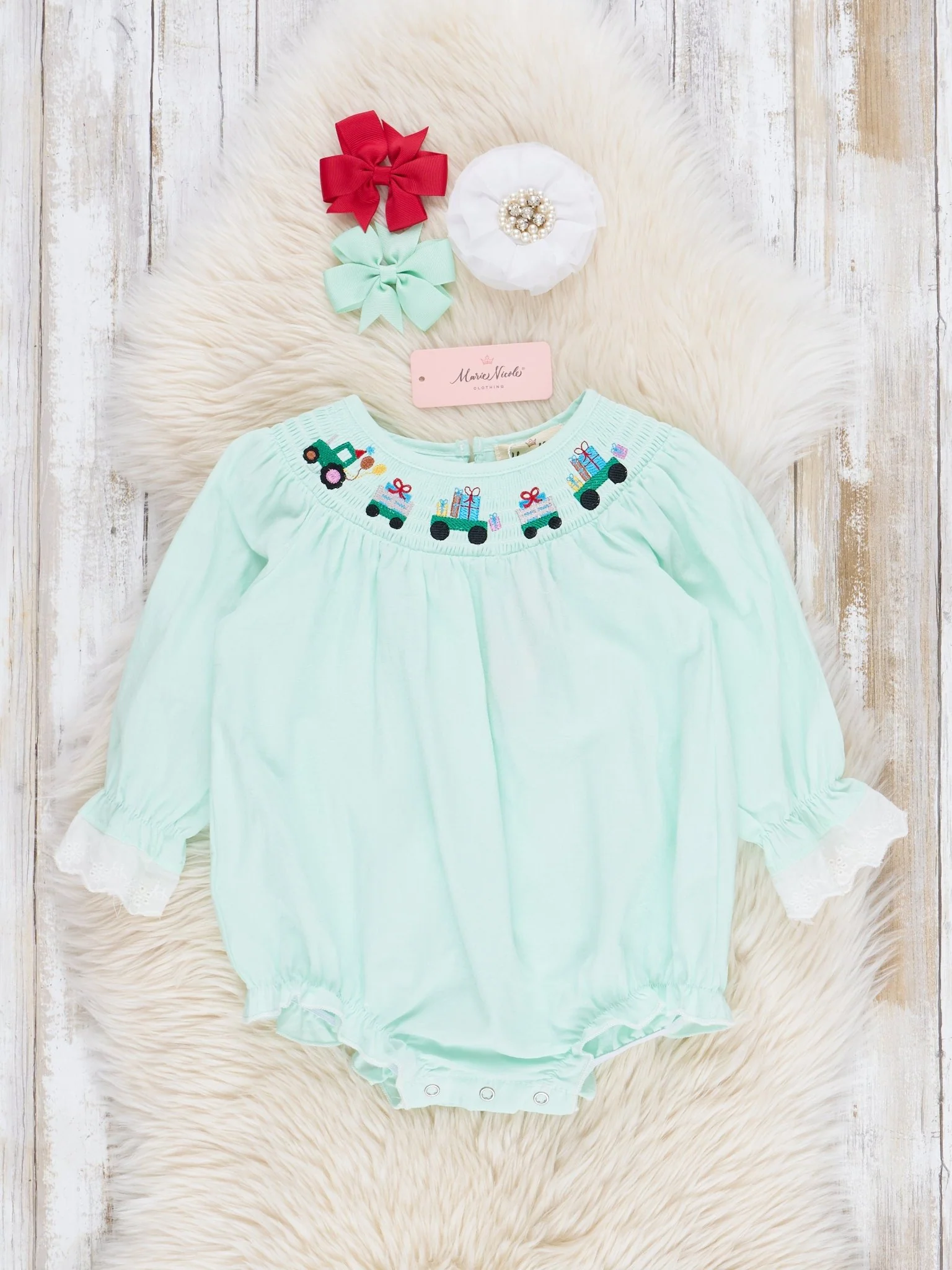 Sweet Mint Smocked Train Ruffle Bubble Romper
