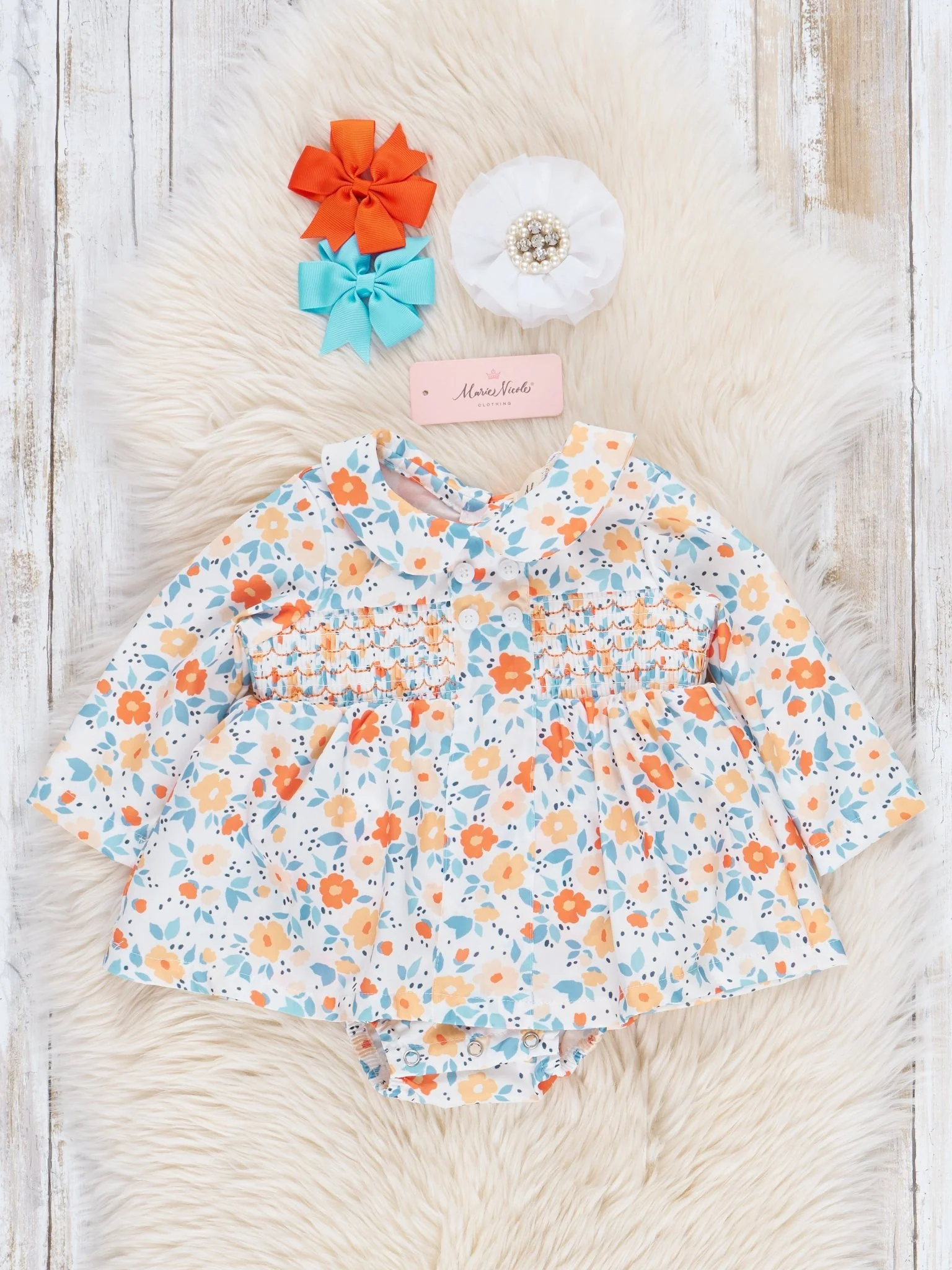 Sweet Orange Smocked Vintage Garden Bubble Romper