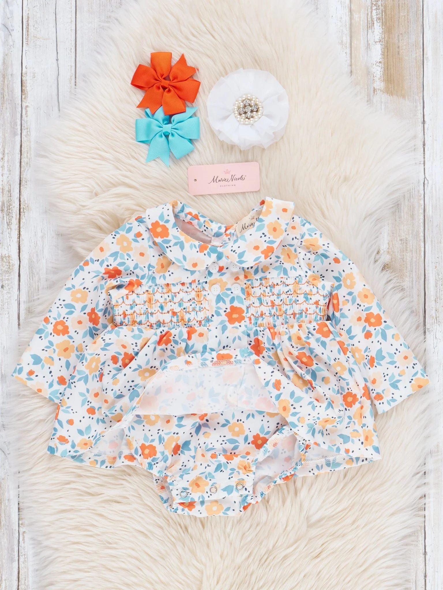 Sweet Orange Smocked Vintage Garden Bubble Romper - Image 2