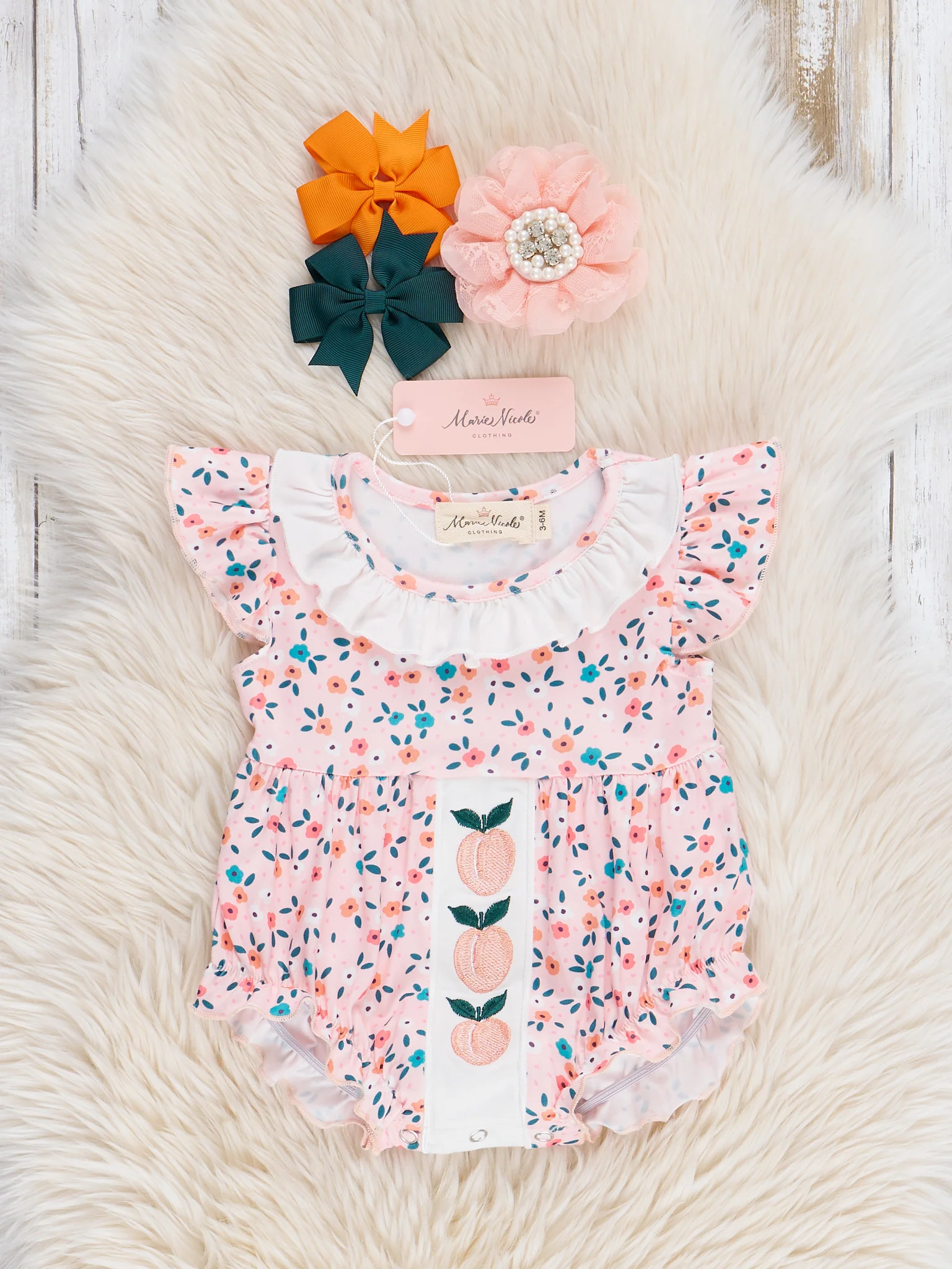 Sweet Peach Embroidered Ruffle Bubble Romper