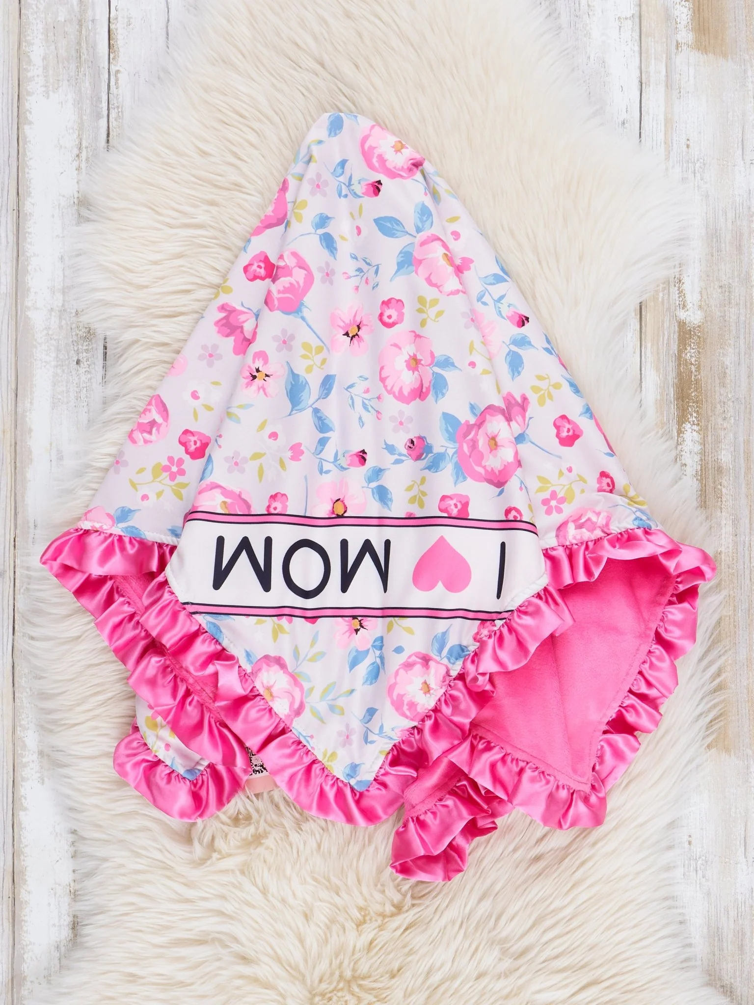 Sweet Pink Floral Mom Love Ruffle Minky Blanket