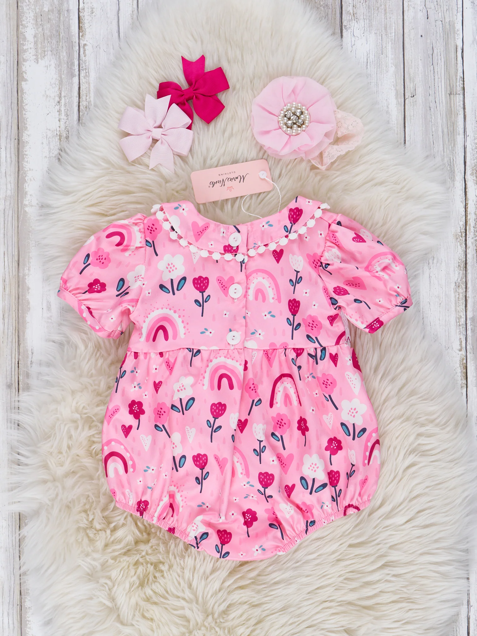 Sweet Pink Floral Rainbow Smocked Bubble Romper - Image 3