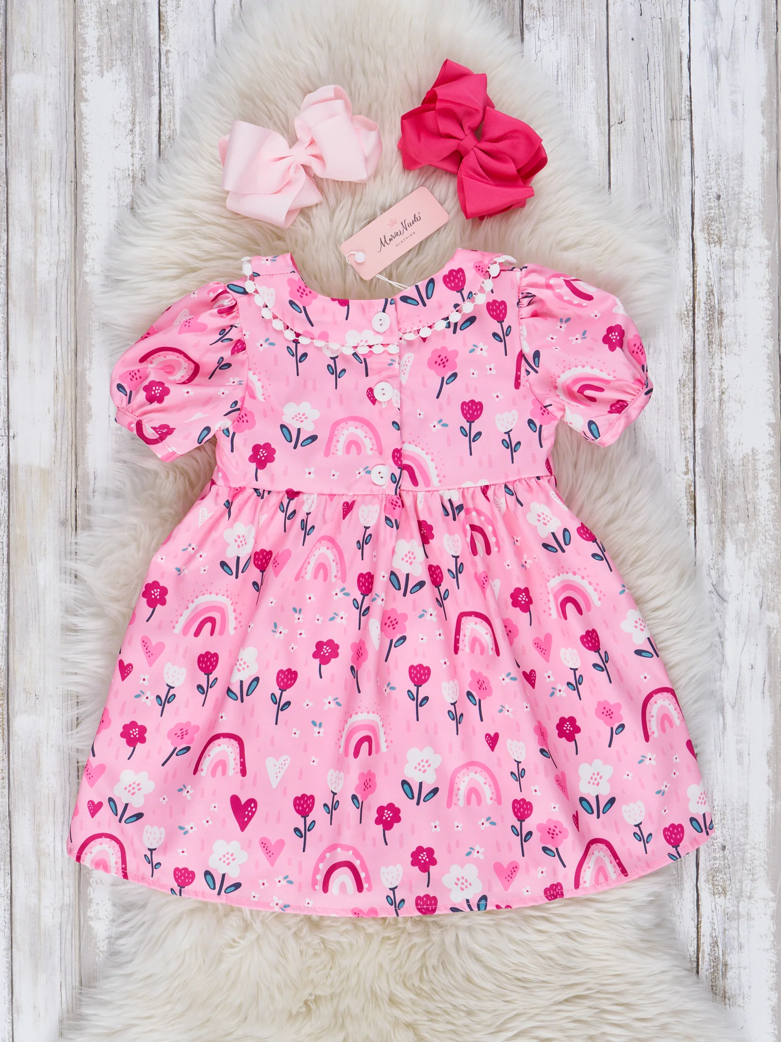 Sweet Pink Floral Rainbow Smocked Dress - Image 3