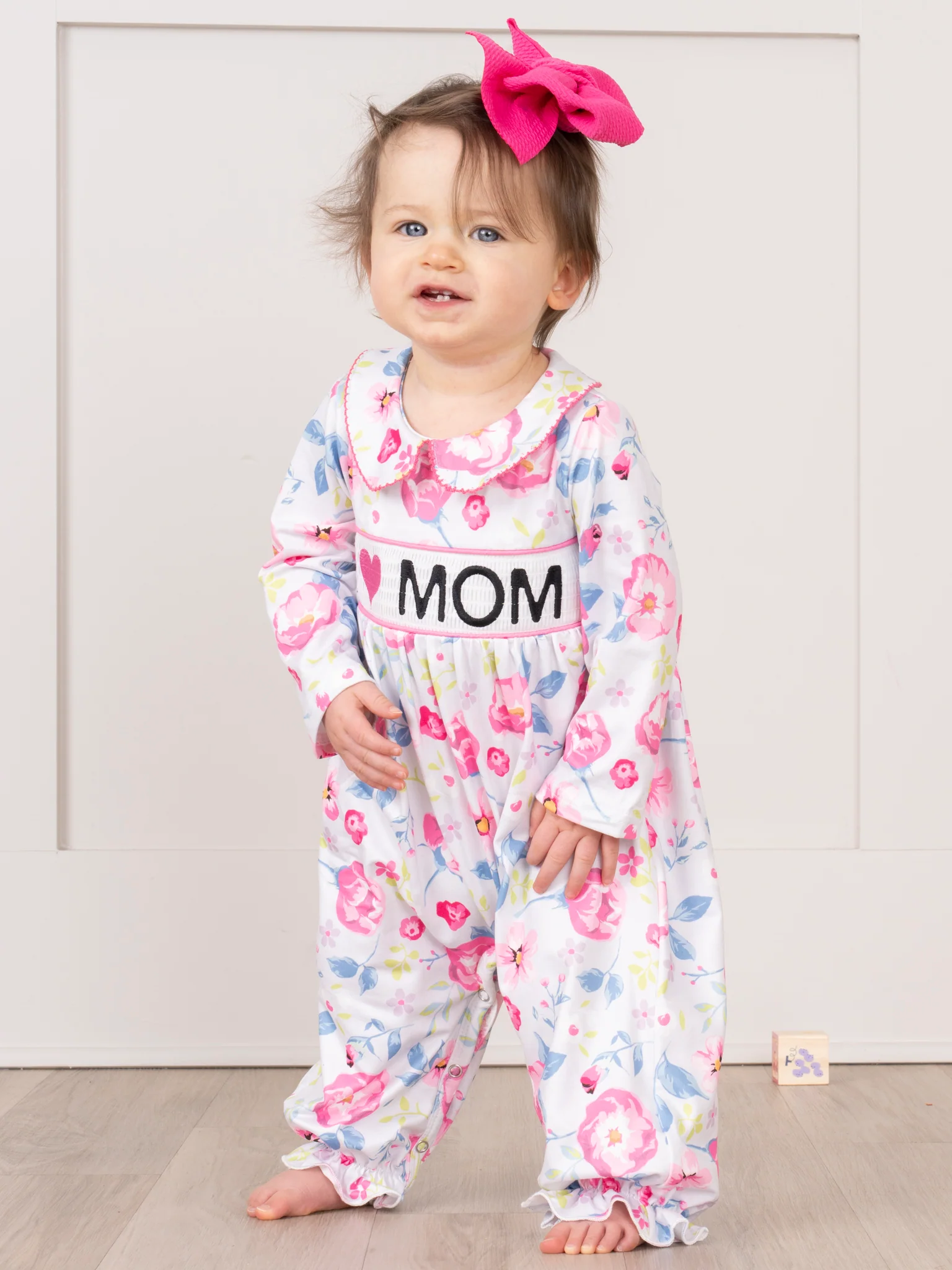 Sweet Pink Floral Smocked Mom Love Ruffle Romper