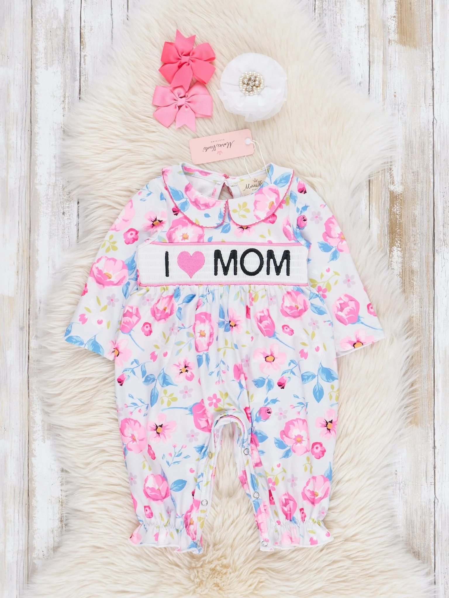 Sweet Pink Floral Smocked Mom Love Ruffle Romper - Image 2