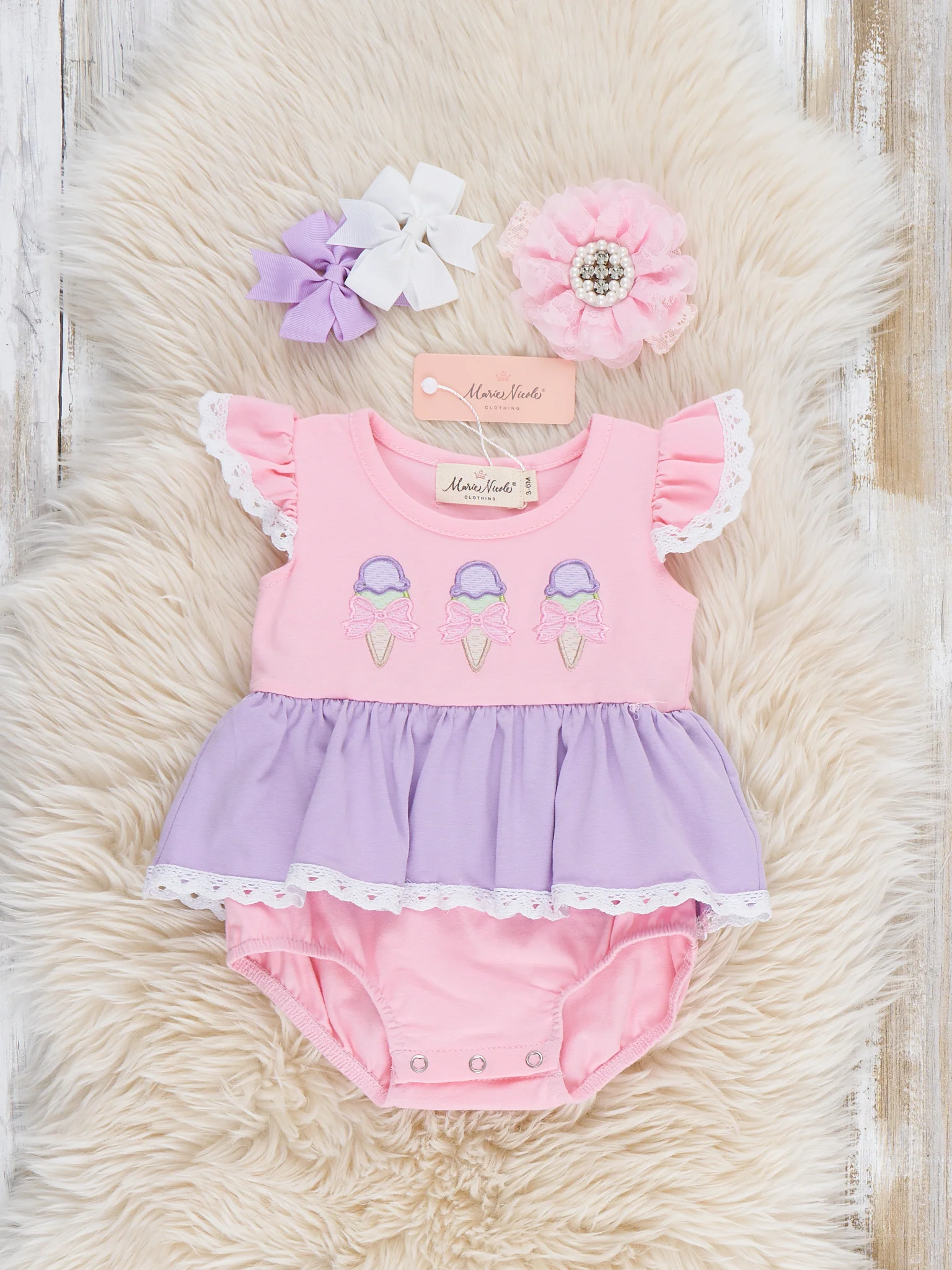 Sweet Scoops Embroidered Cotton Ruffle Bubble Romper