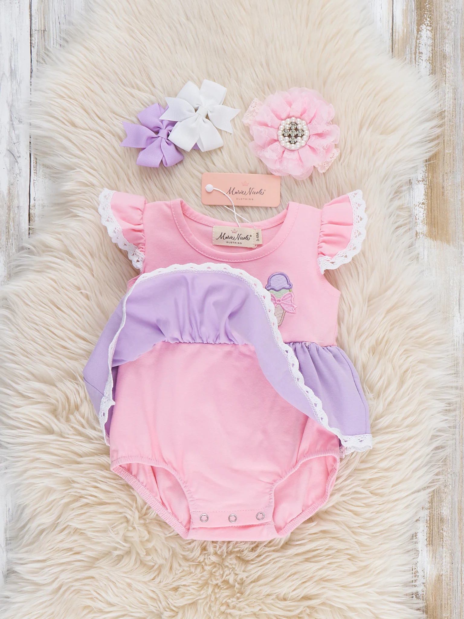 Sweet Scoops Embroidered Cotton Ruffle Bubble Romper - Image 3