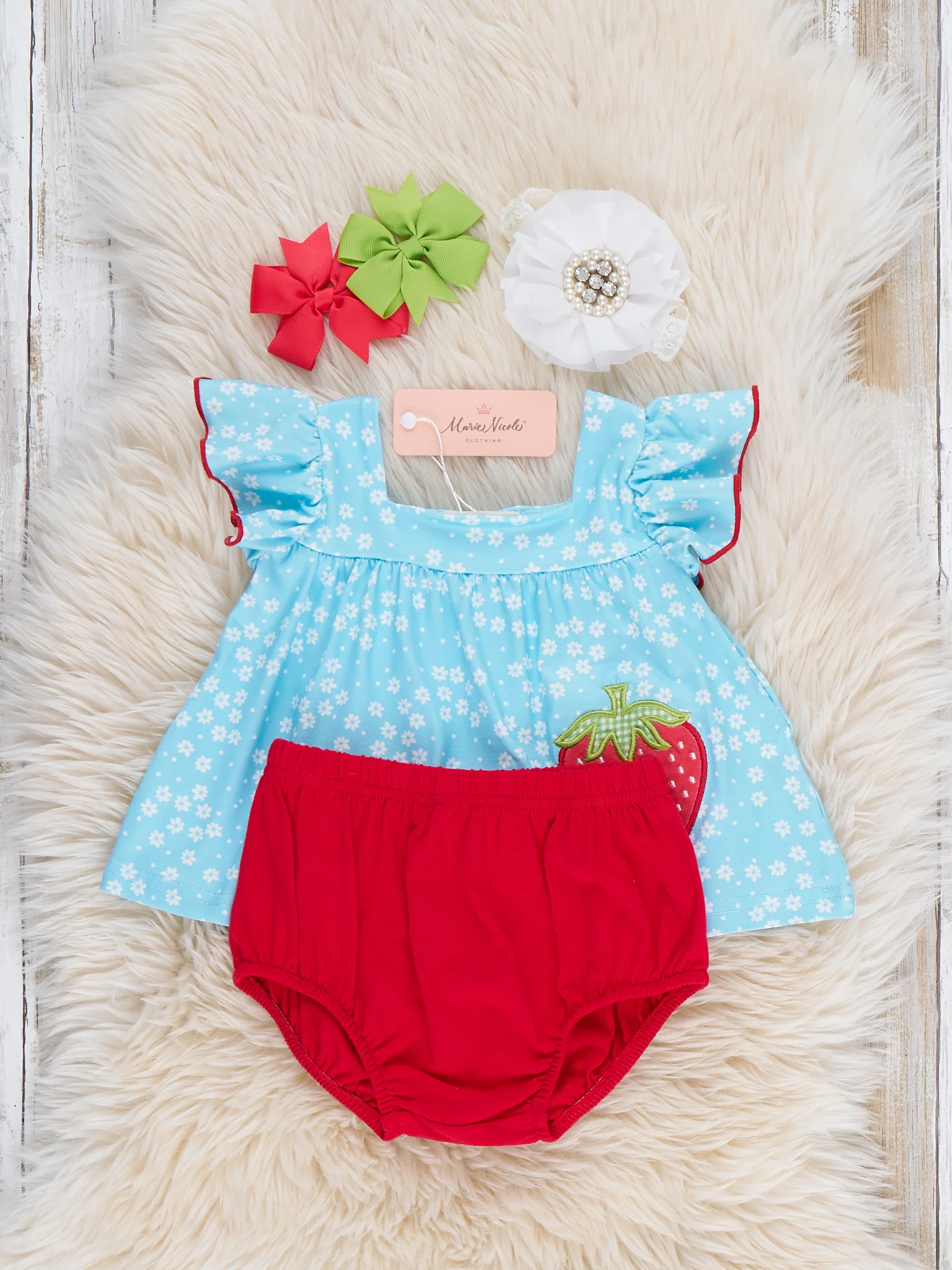 Sweet Strawberry Sky Embroidered Ruffle Bloomers Outfit - Image 3