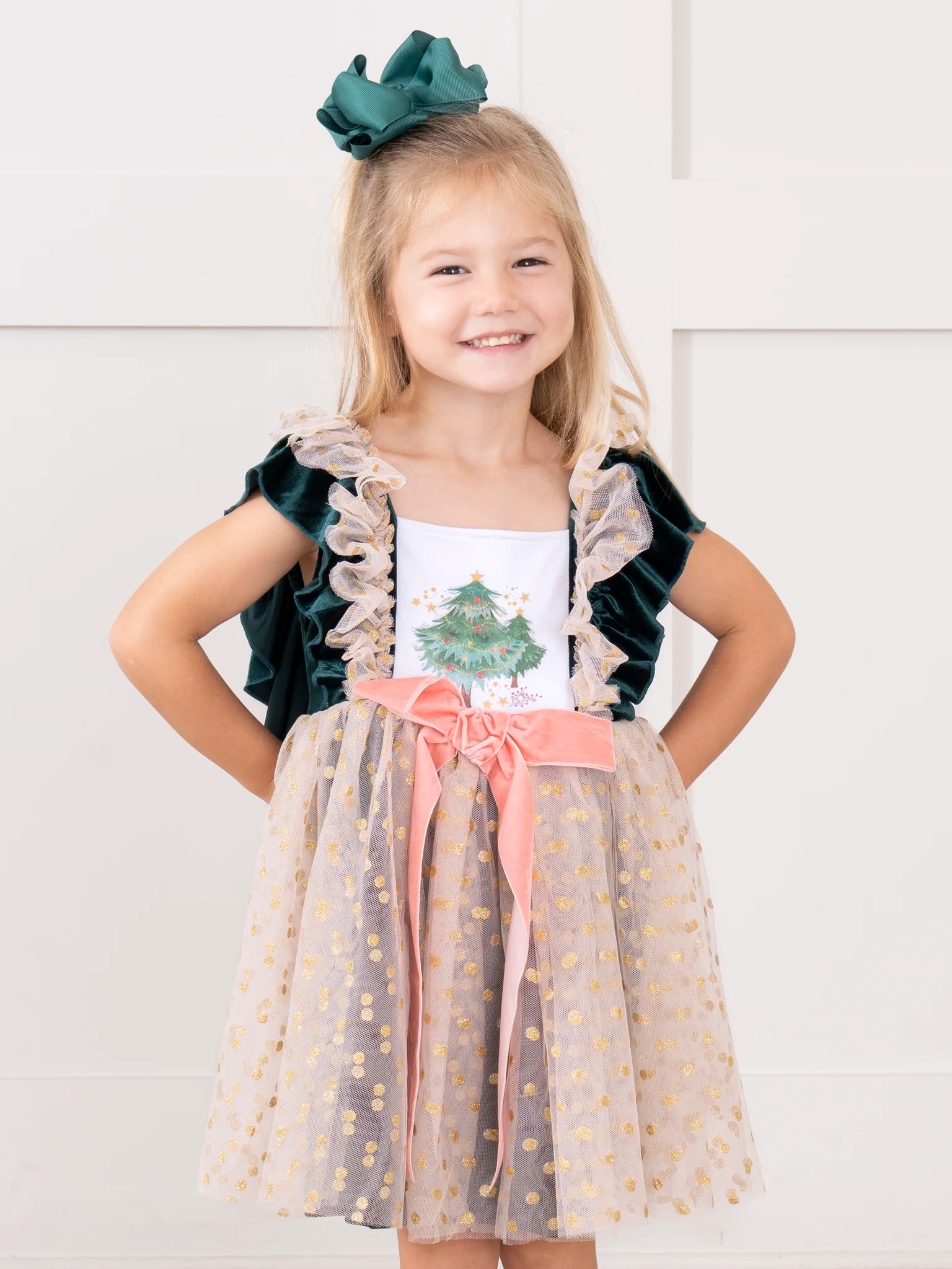 Swiss Dot Overlay Christmas Tree Dress