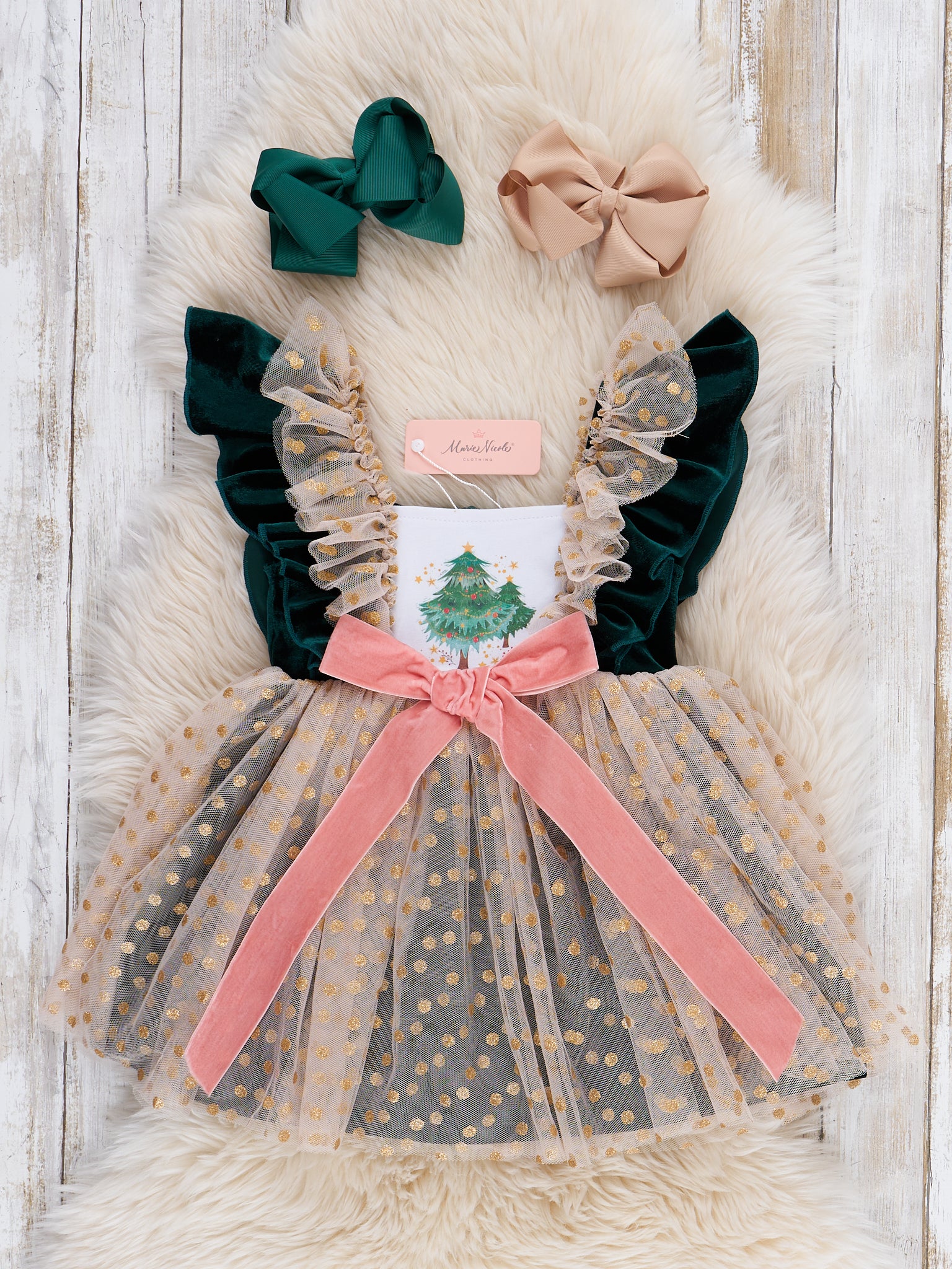 Swiss Dot Overlay Christmas Tree Dress - Image 2