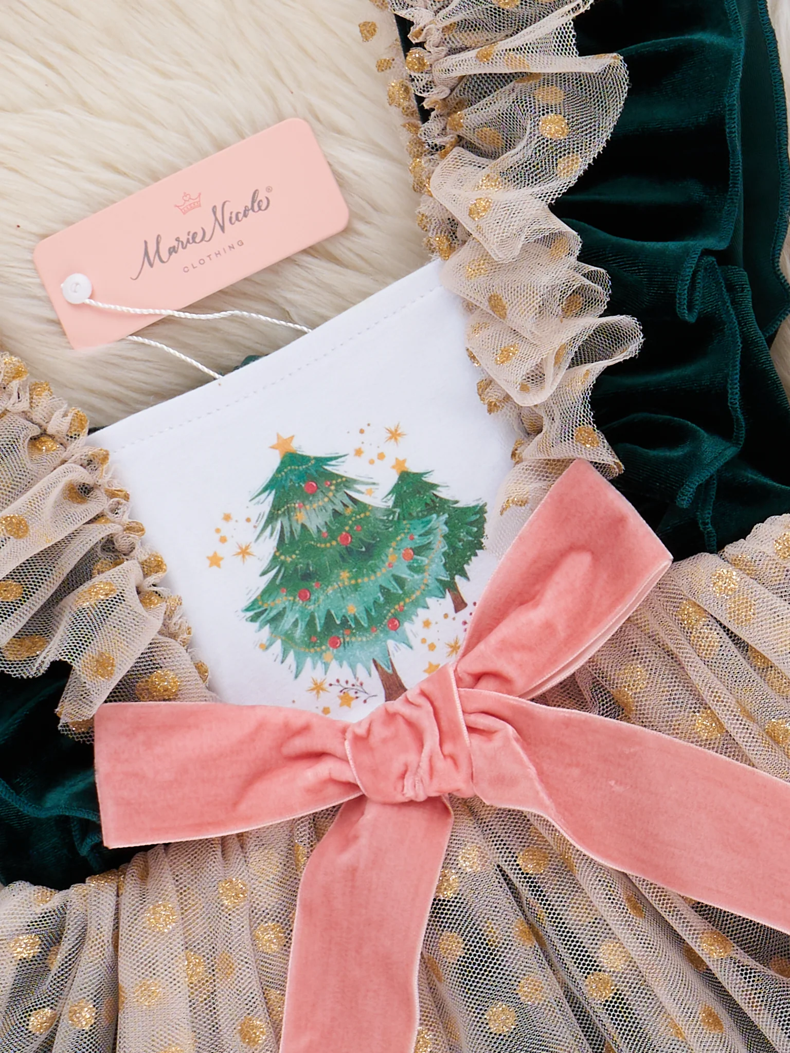 Swiss Dot Overlay Christmas Tree Dress - Image 3