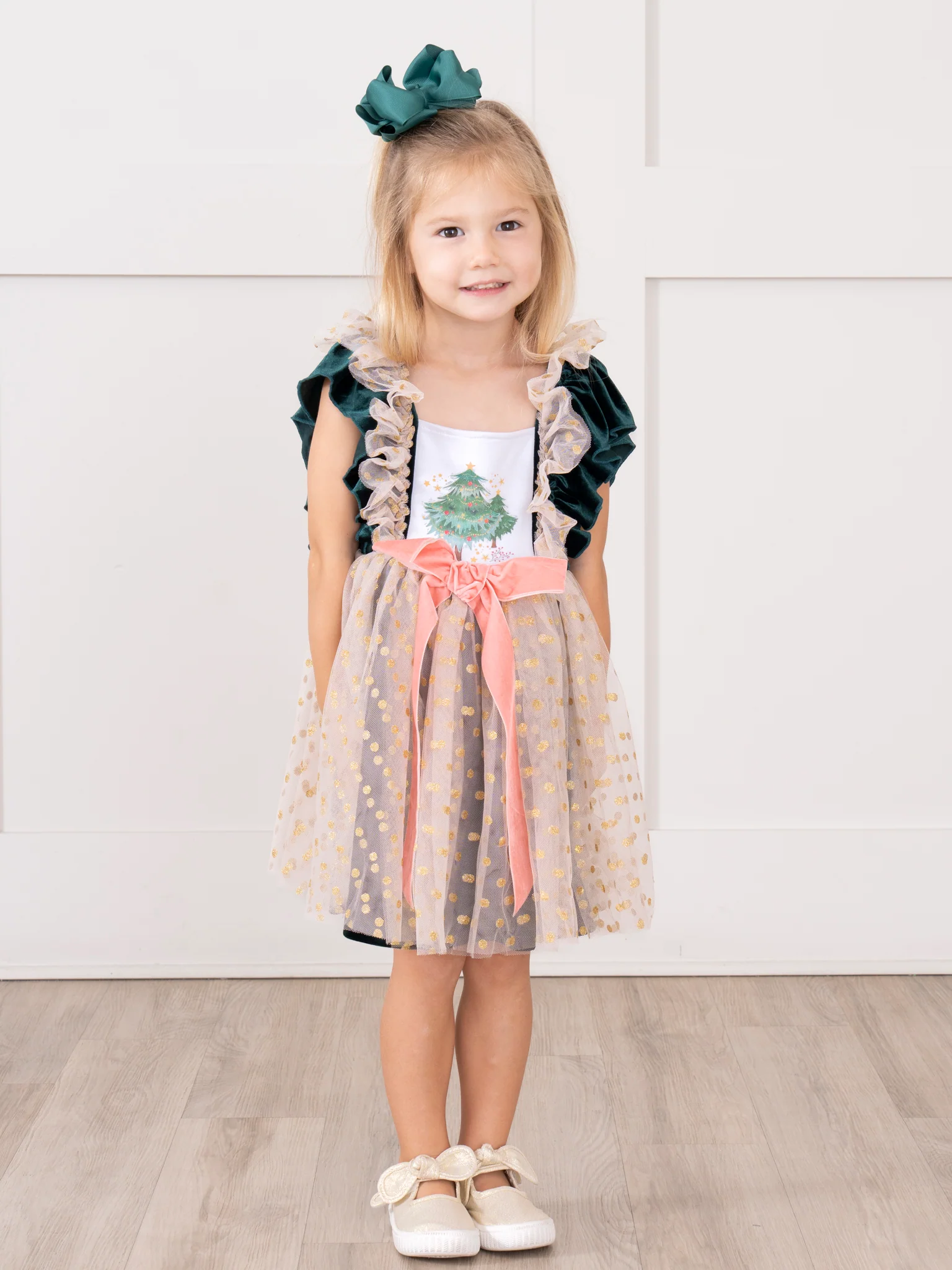 Swiss Dot Overlay Christmas Tree Dress - Image 5