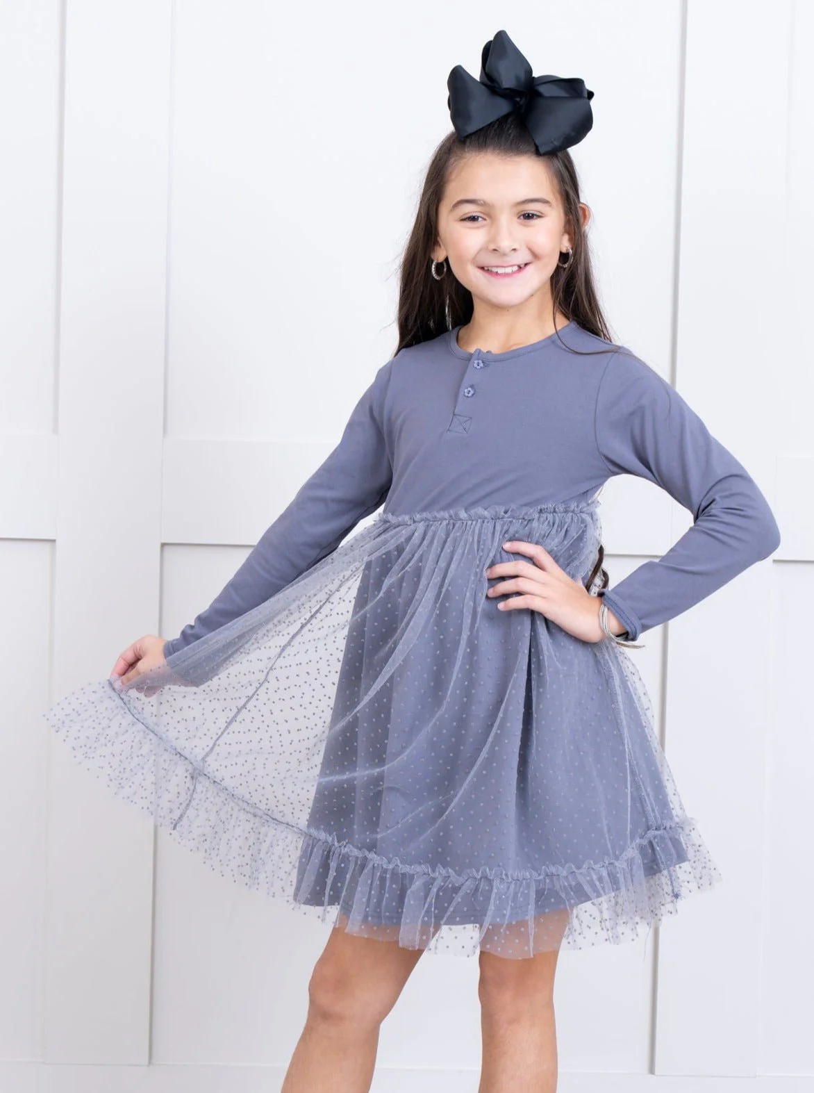 Swiss Dot Overlay Tulle Dress in Grey - Image 2