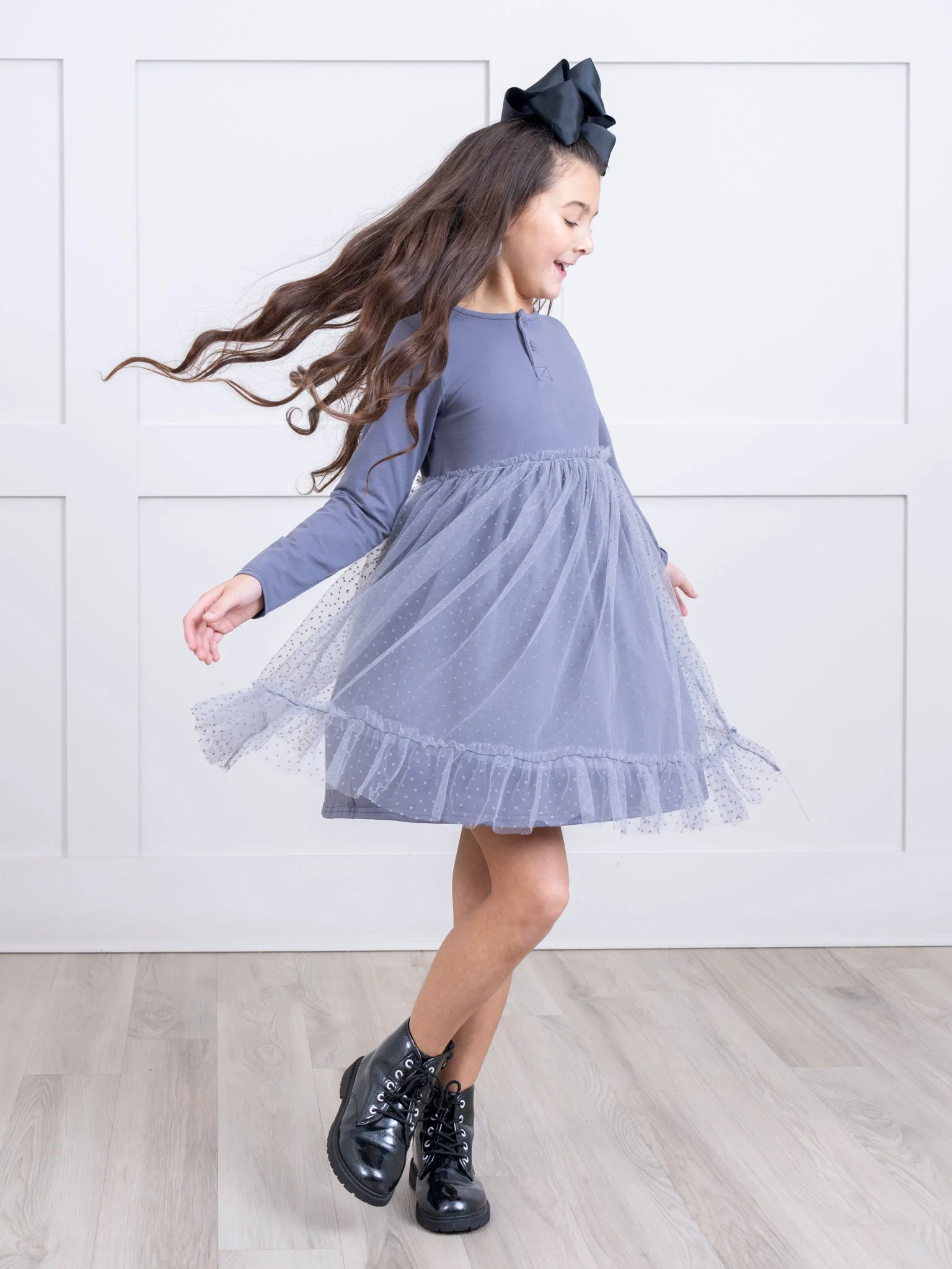 Swiss Dot Overlay Tulle Dress in Grey - Image 3