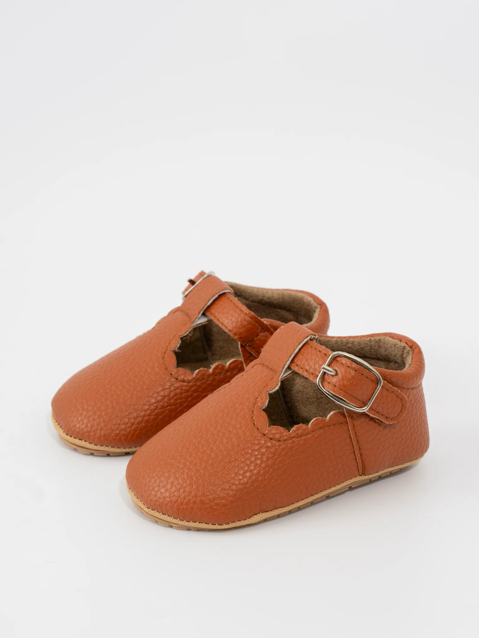 T-Strap Scalloped Buckle Shoes - Brown