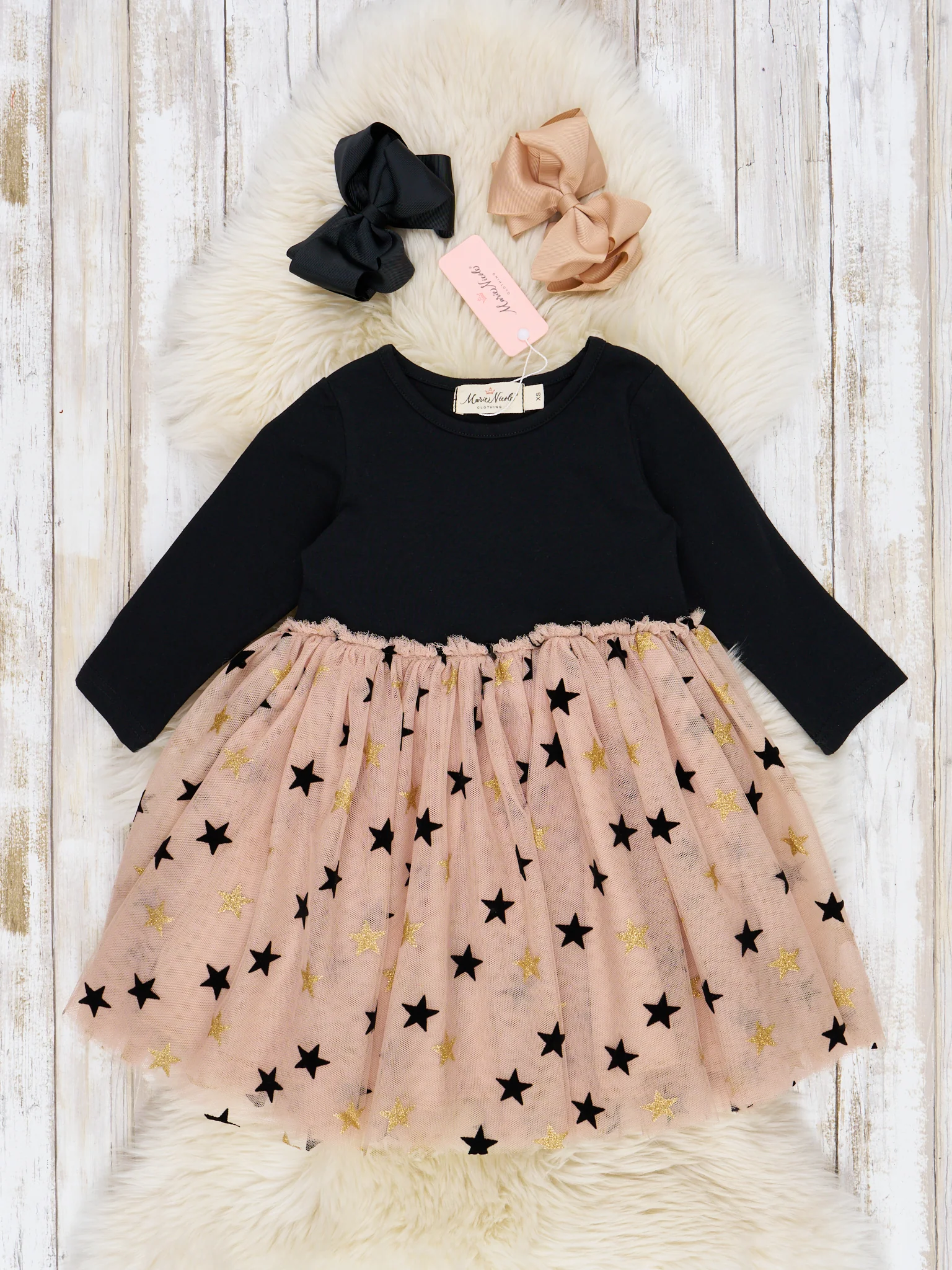 Tan & Black Starry Tulle Dress