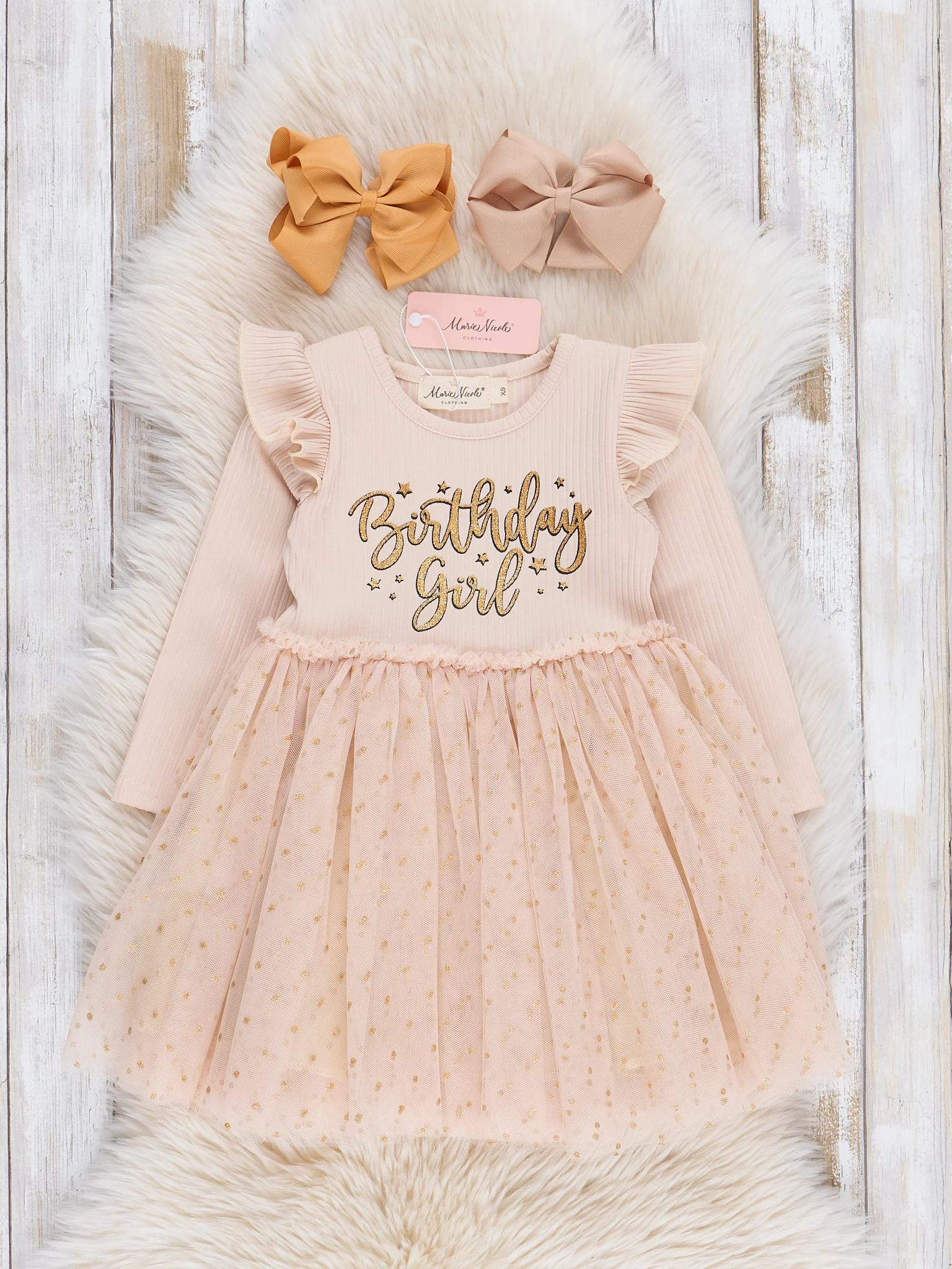 Tan Birthday Girl Sparkle Tulle Dress