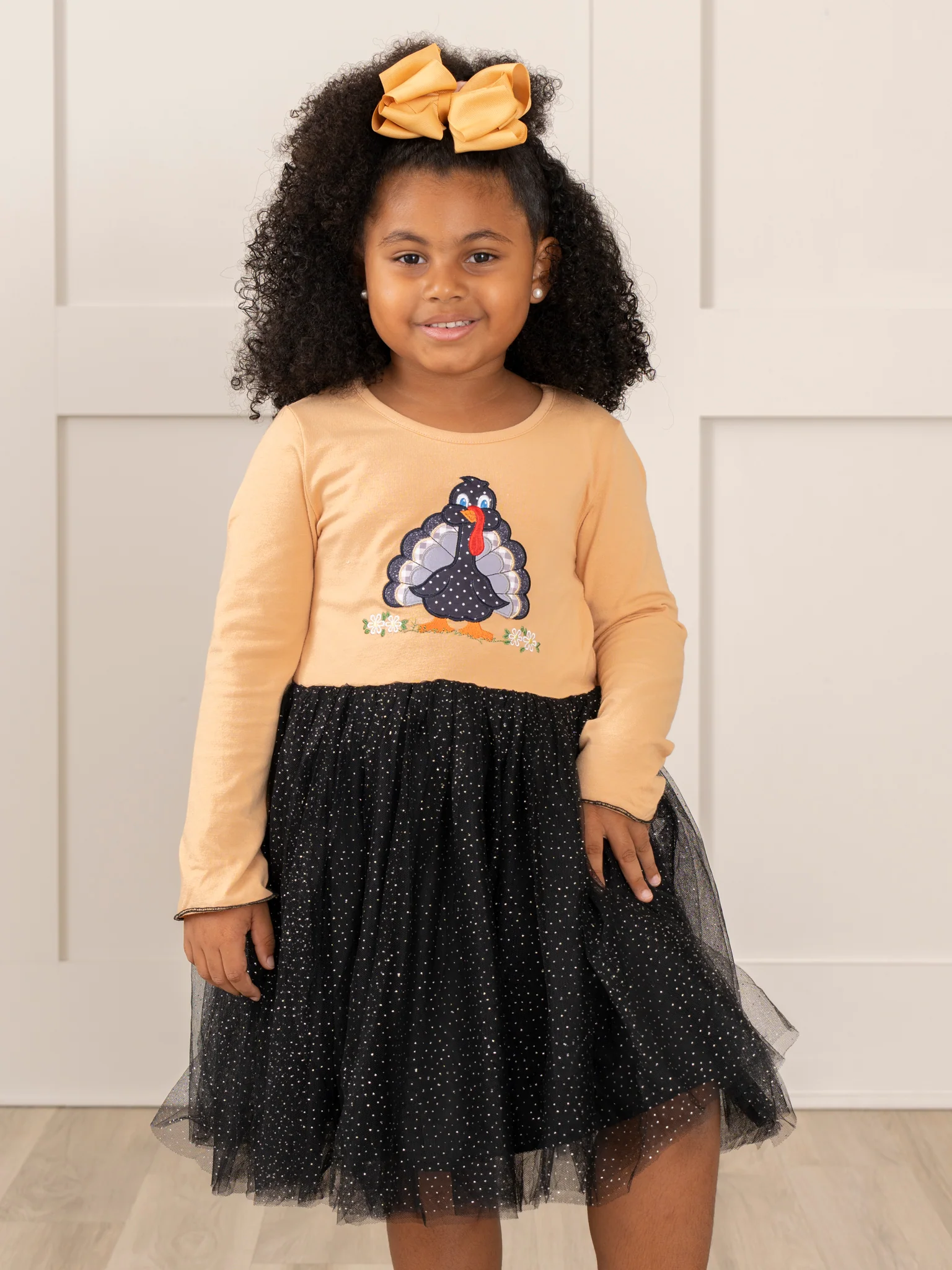 Tan & Black Sparkle Embroidered Turkey Tulle Dress