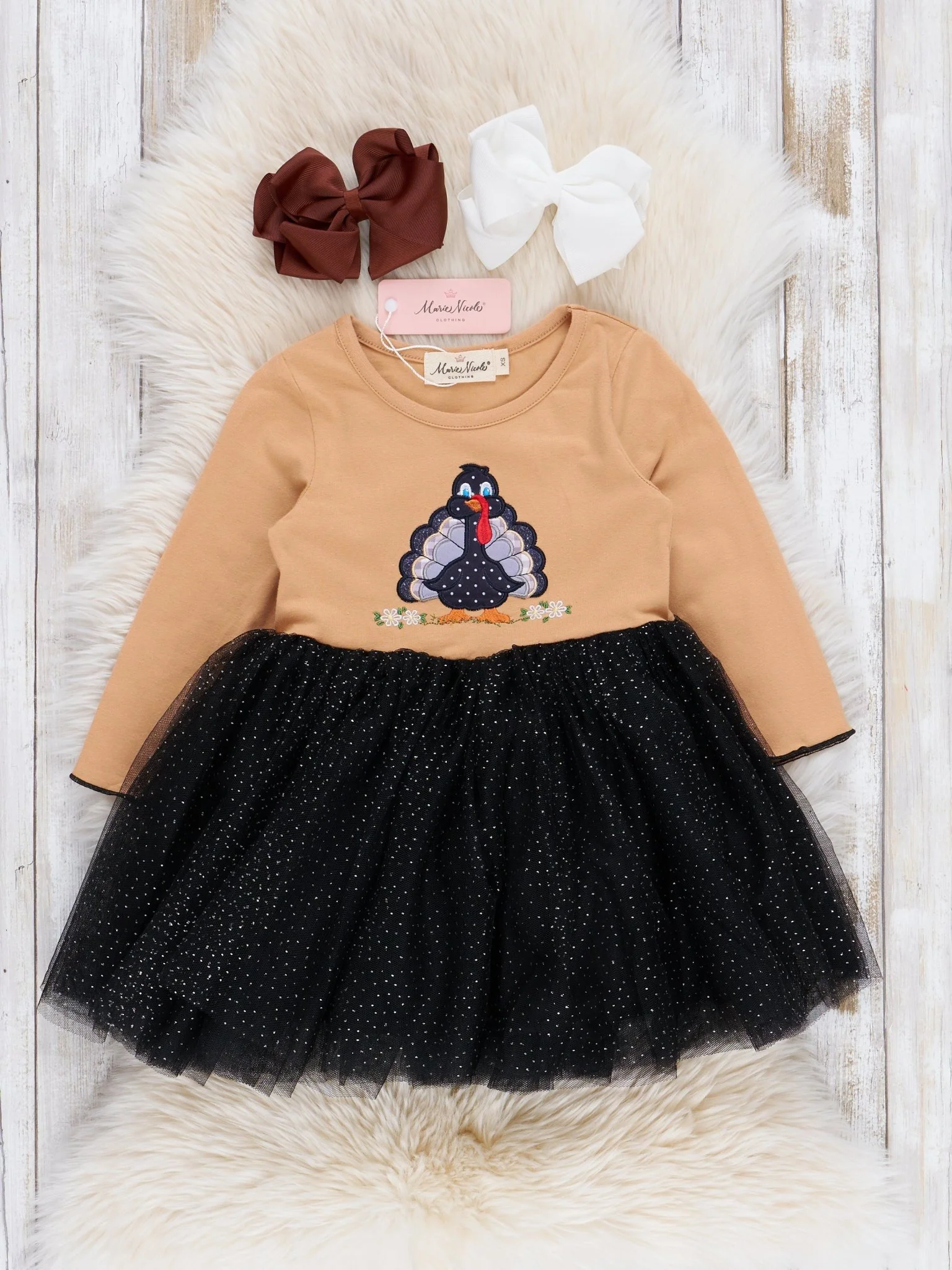 Tan & Black Sparkle Embroidered Turkey Tulle Dress - Image 2