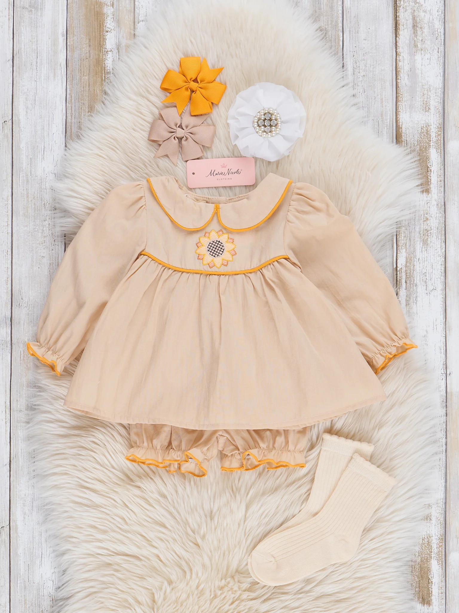 Tan Embroidered Sunflower Bloomers Outfit