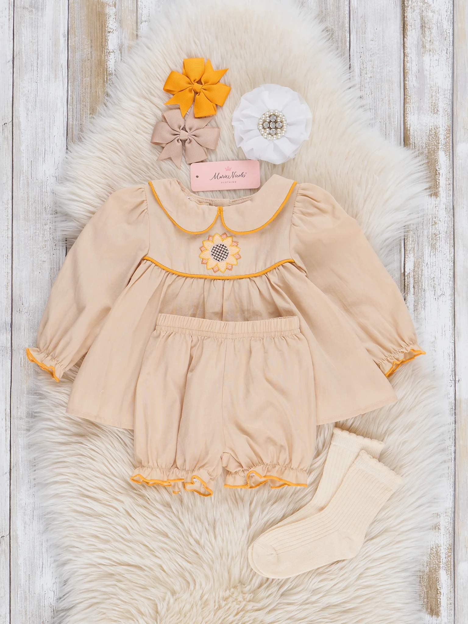 Tan Embroidered Sunflower Bloomers Outfit - Image 2