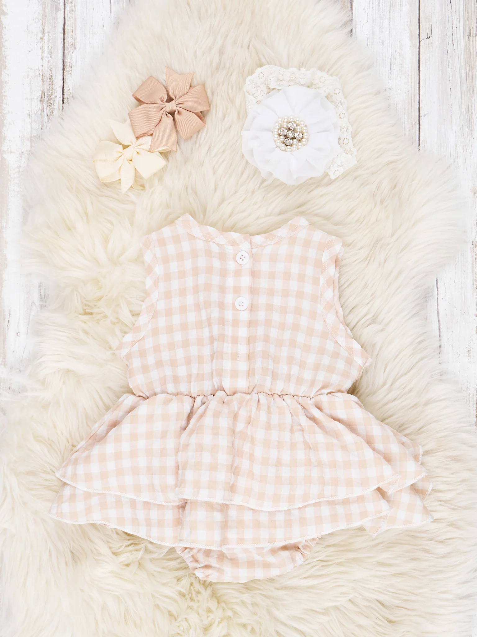 Tan Gingham Dressy Ruffle Romper - Image 2