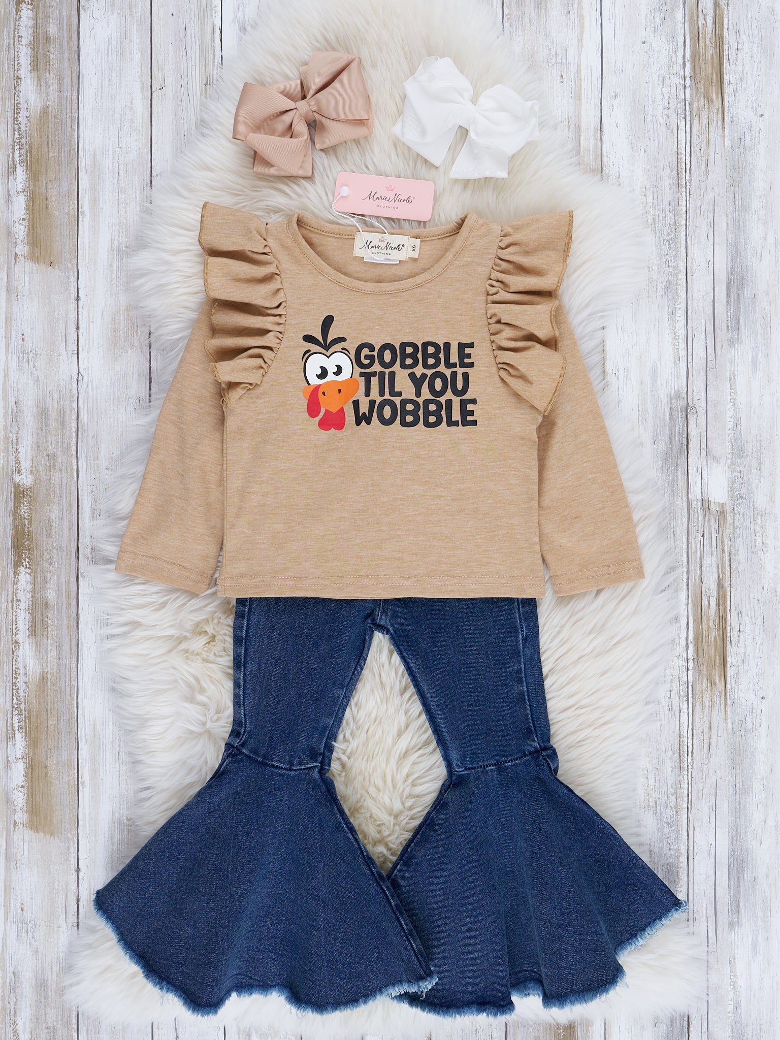 Tan "Gobble" Ruffle Bell Bottom Outfit - Image 2