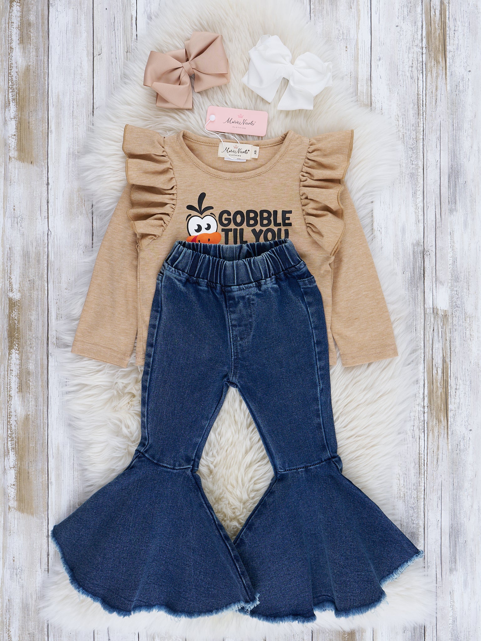 Tan "Gobble" Ruffle Bell Bottom Outfit - Image 3